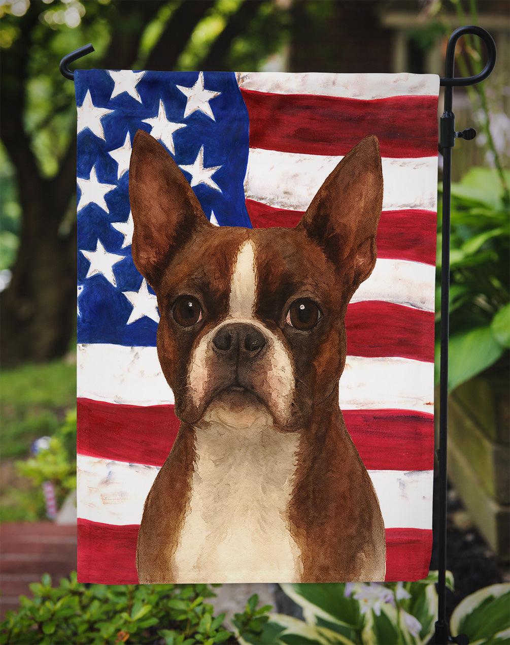 Seal and White Boston Terrier American Flag Garden Flag