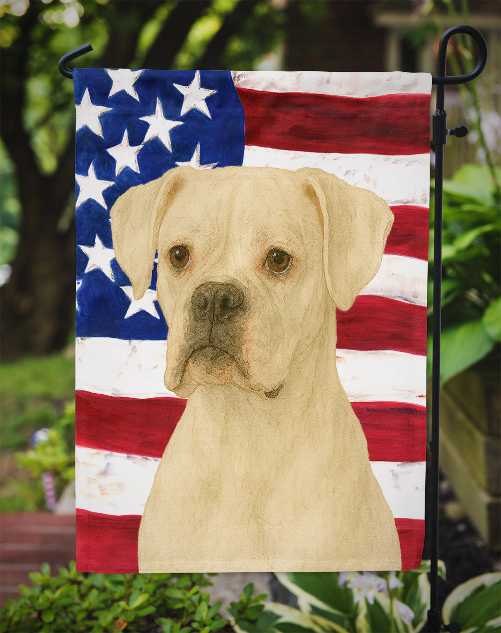 White Boxer American Flag Garden Flag