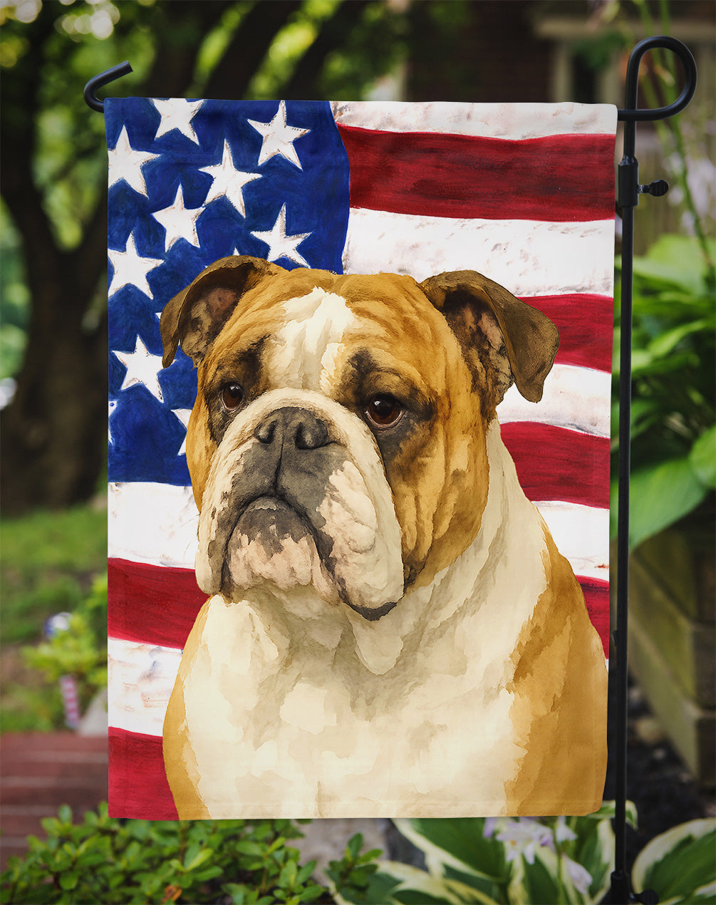 Brindle and White English Bulldog American Flag Garden Flag