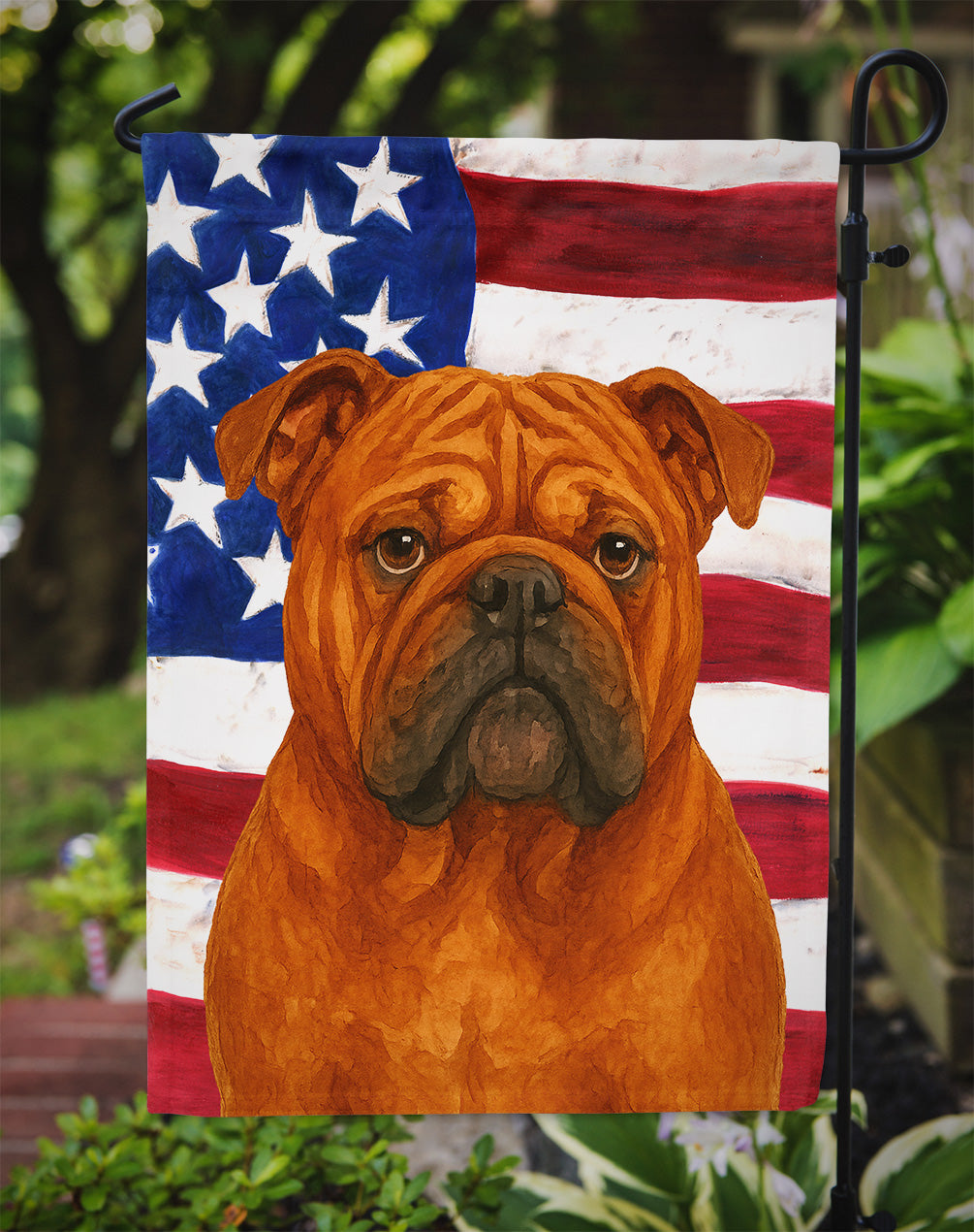Red English Bulldog American Flag Garden Flag