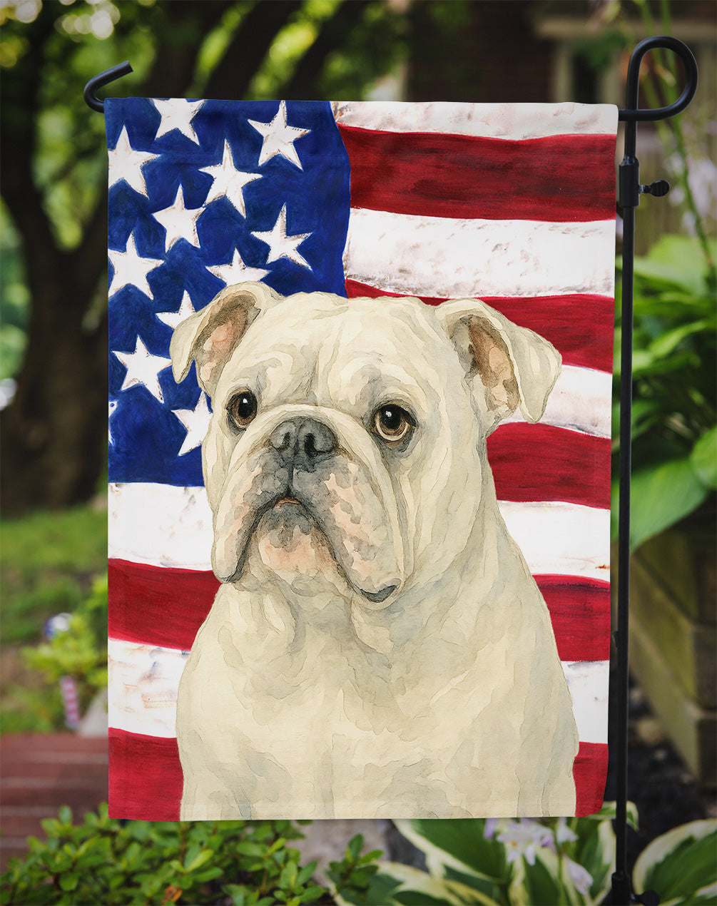 White English Bulldog American Flag Garden Flag
