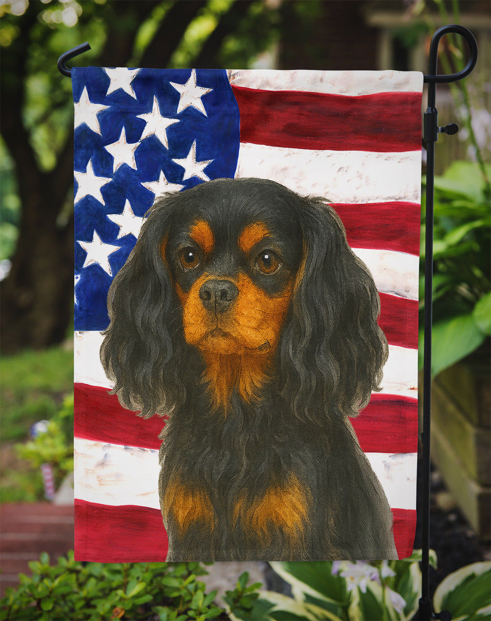 Black and Tan Cavalier Spaniel American Flag Garden Flag