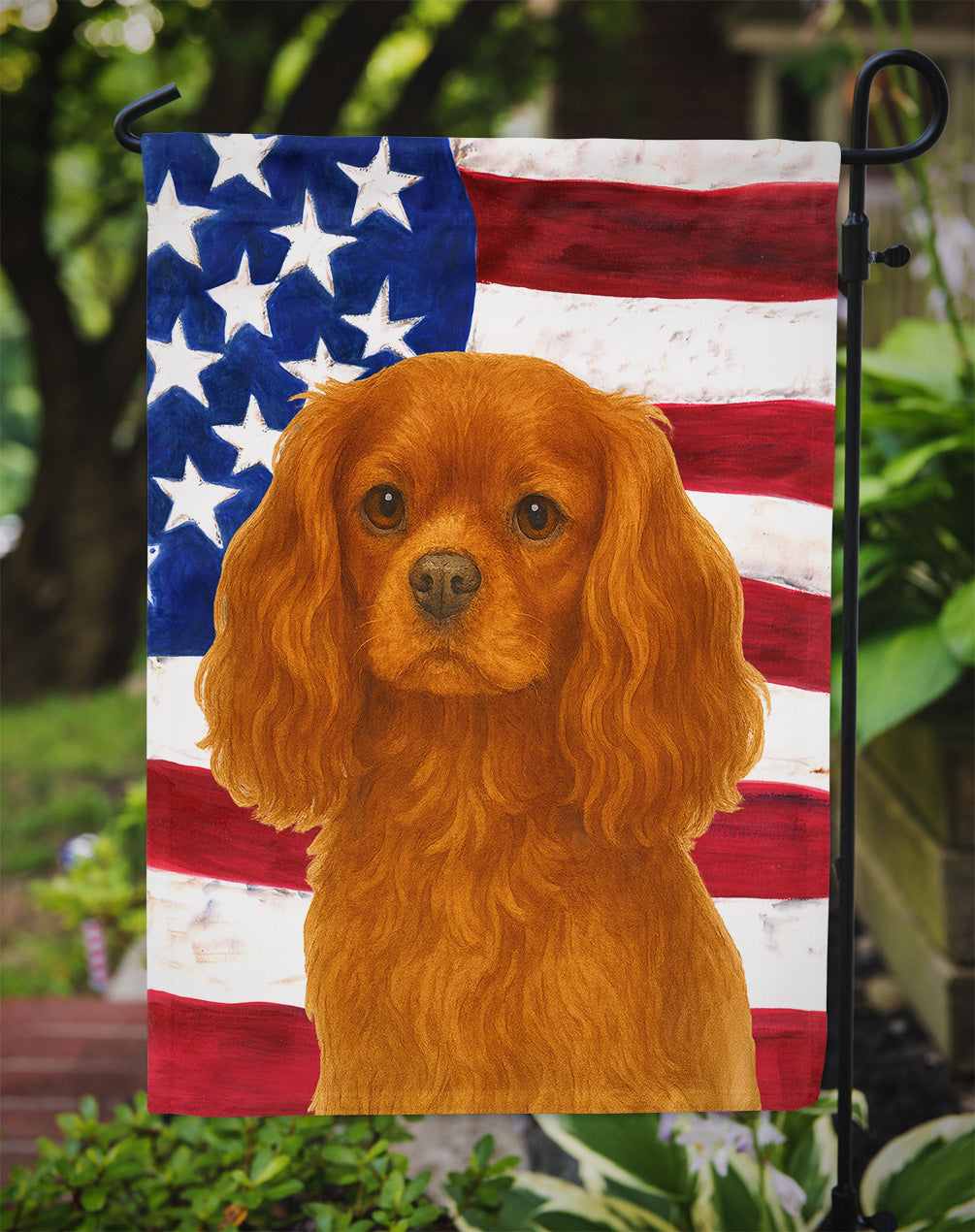 Ruby Cavalier Spaniel American Flag Garden Flag