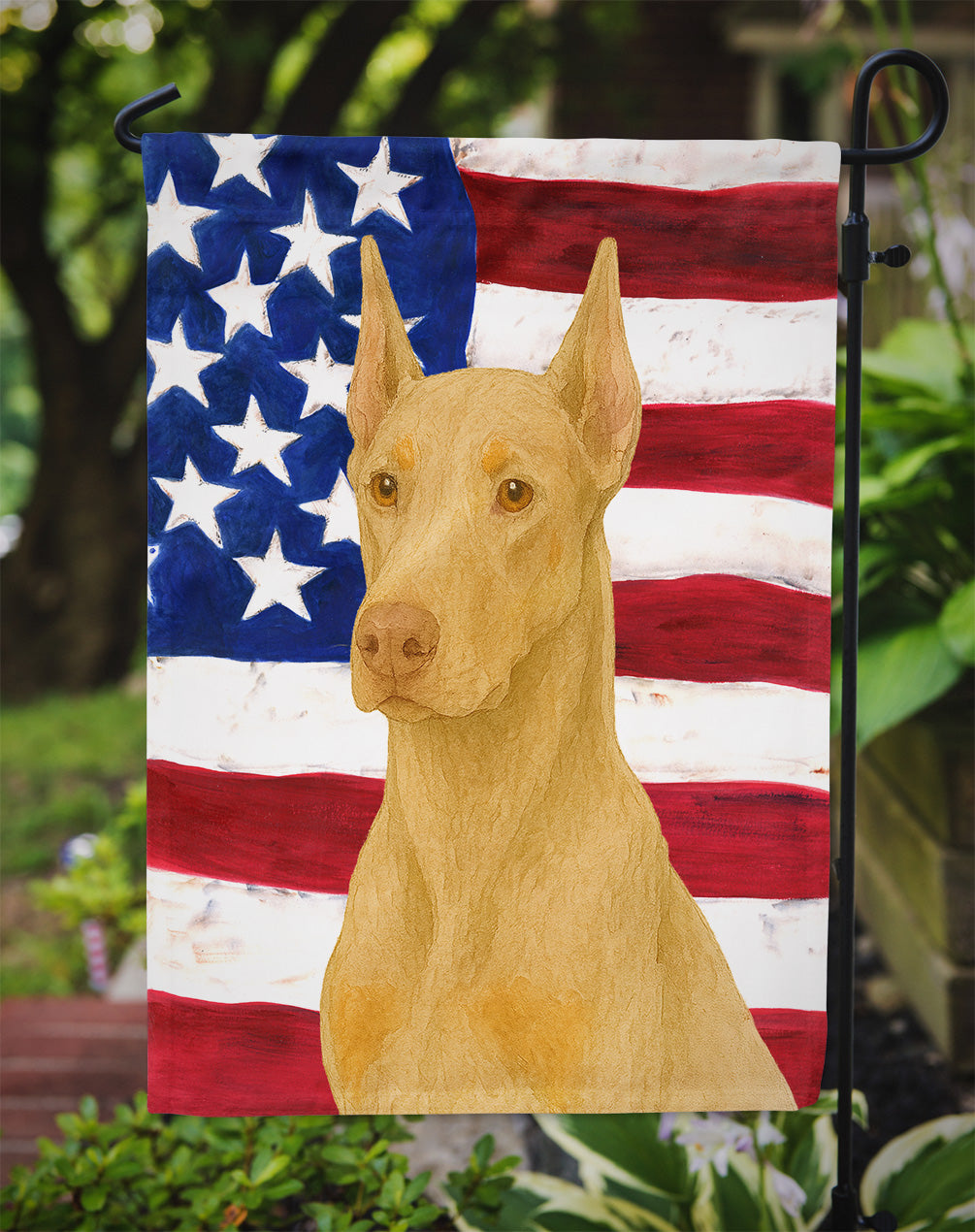 Fawn Doberman Pinscher American Flag Garden Flag