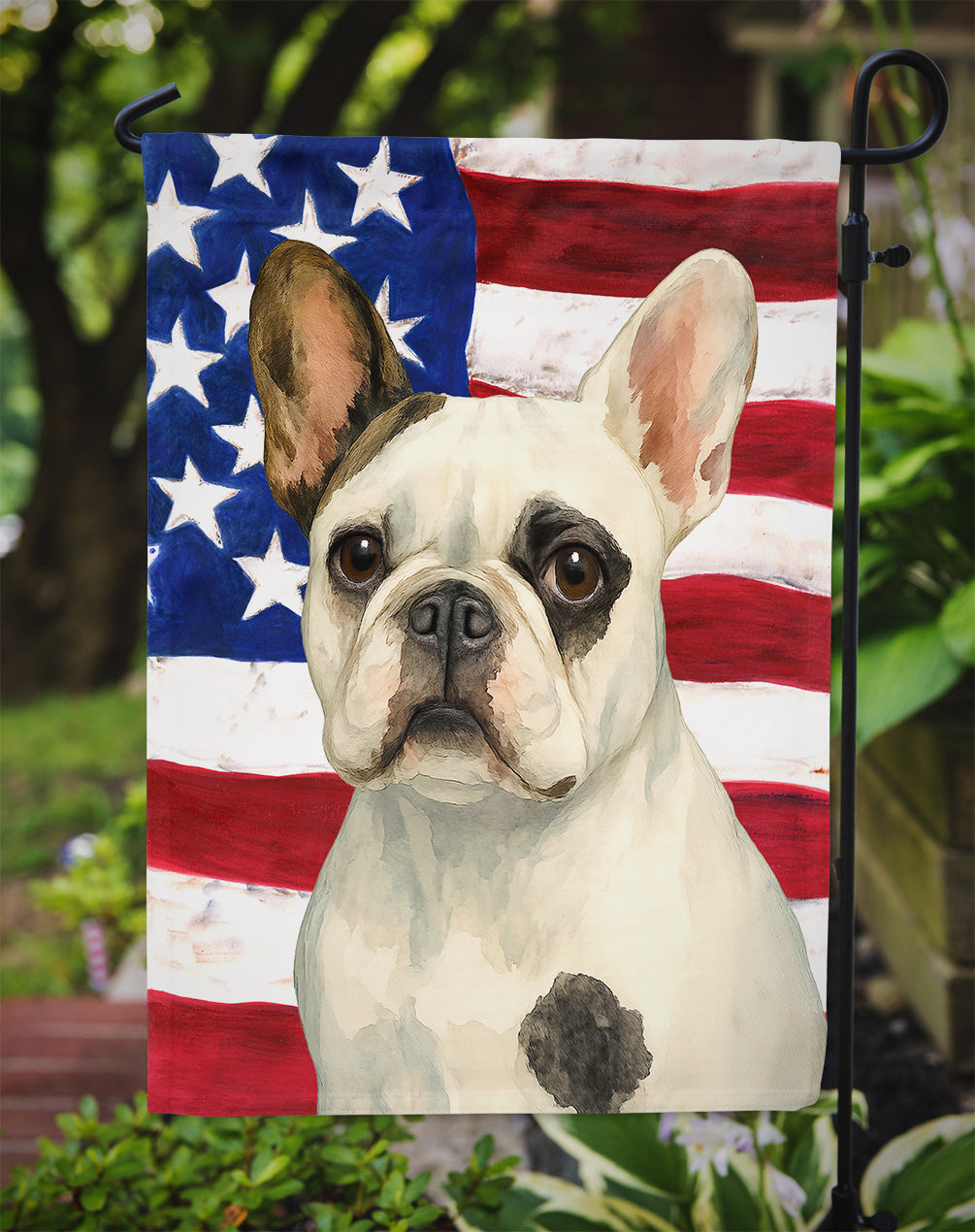 Pied French Bulldog American Flag Garden Flag
