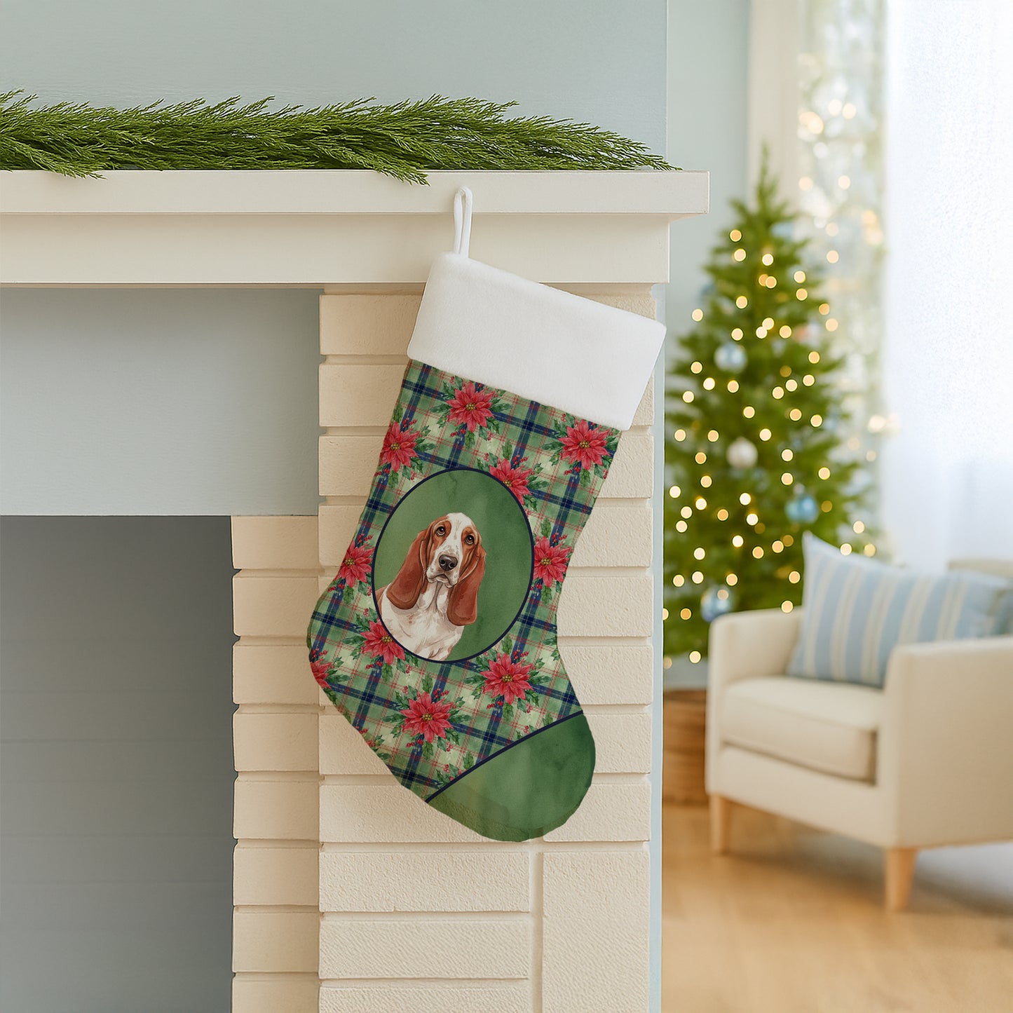Red and White Basset Hound Christmas PoinsettIas Holiday Stocking