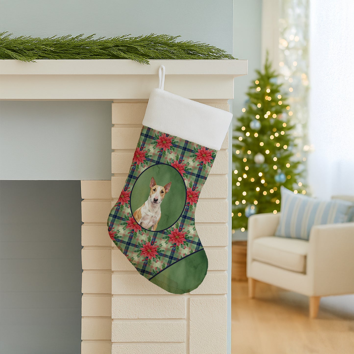 Fawn and White Bull Terrier Christmas PoinsettIas Holiday Stocking