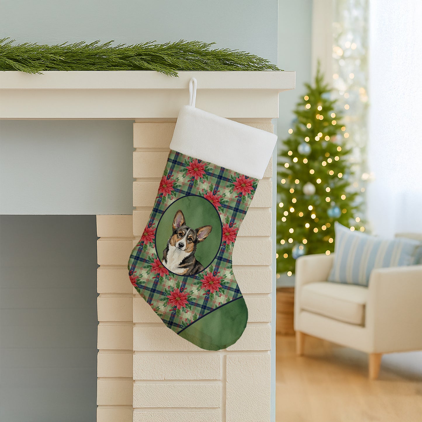 Brindle Cardigan Welsh Corgi Christmas PoinsettIas Holiday Stocking