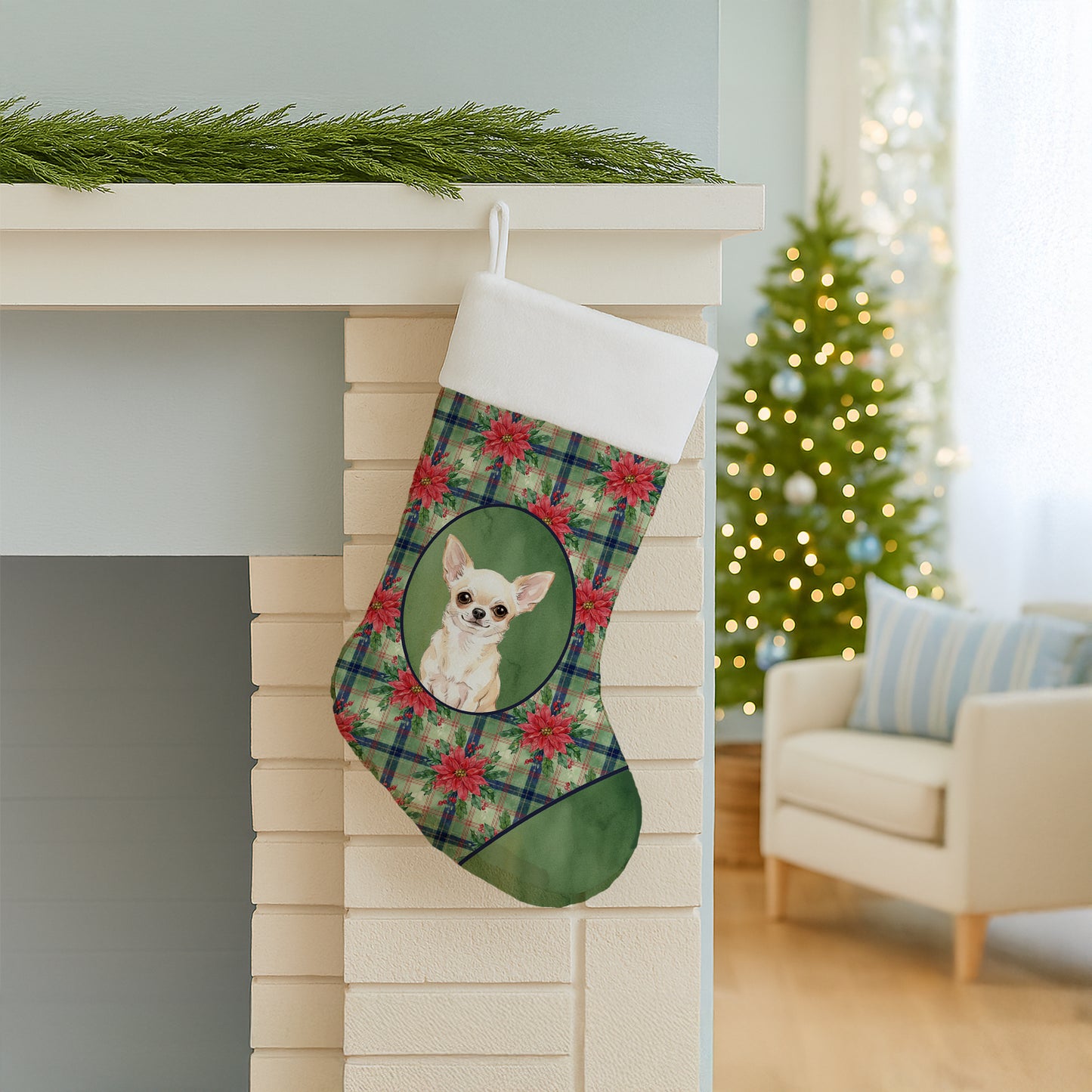 Cream Chihuahua Christmas PoinsettIas Holiday Stocking