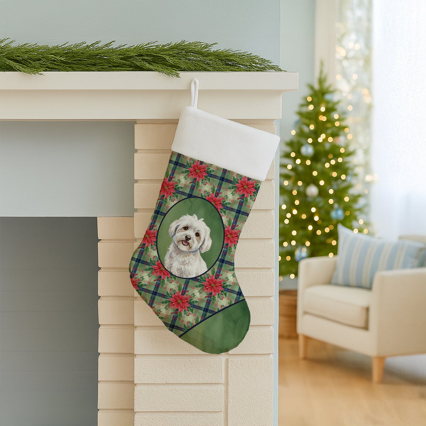 Coton de Tulear Christmas PoinsettIas Holiday Stocking