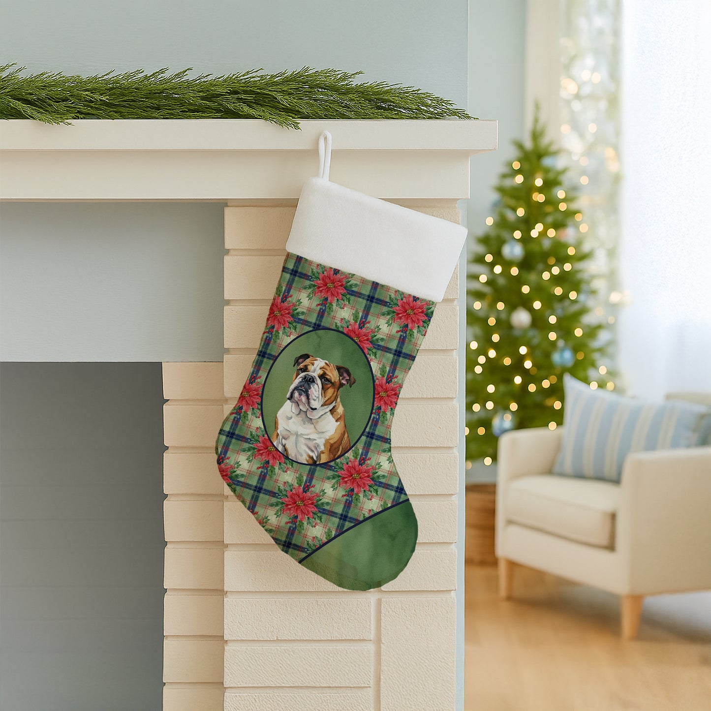 Brindle and White English Bulldog Christmas PoinsettIas Holiday Stocking