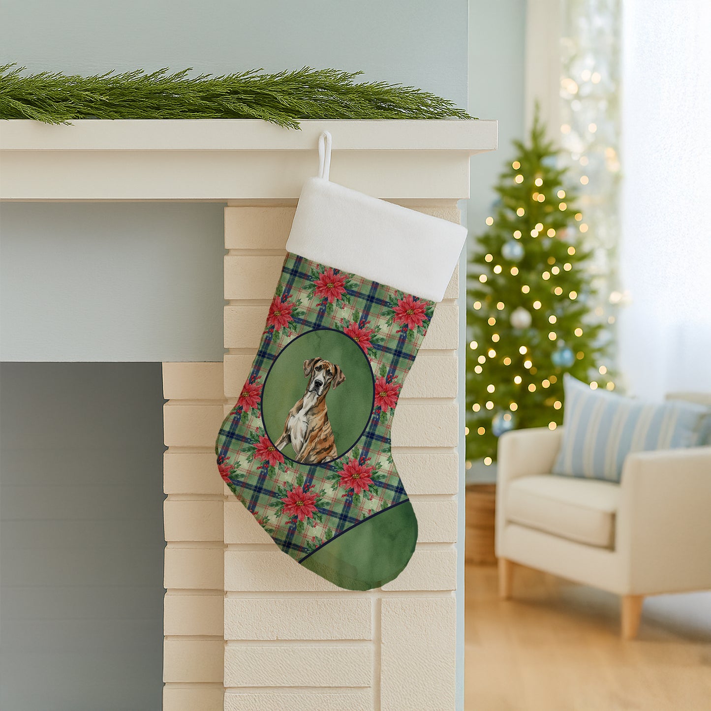 Brindle Great Dane Christmas PoinsettIas Holiday Stocking