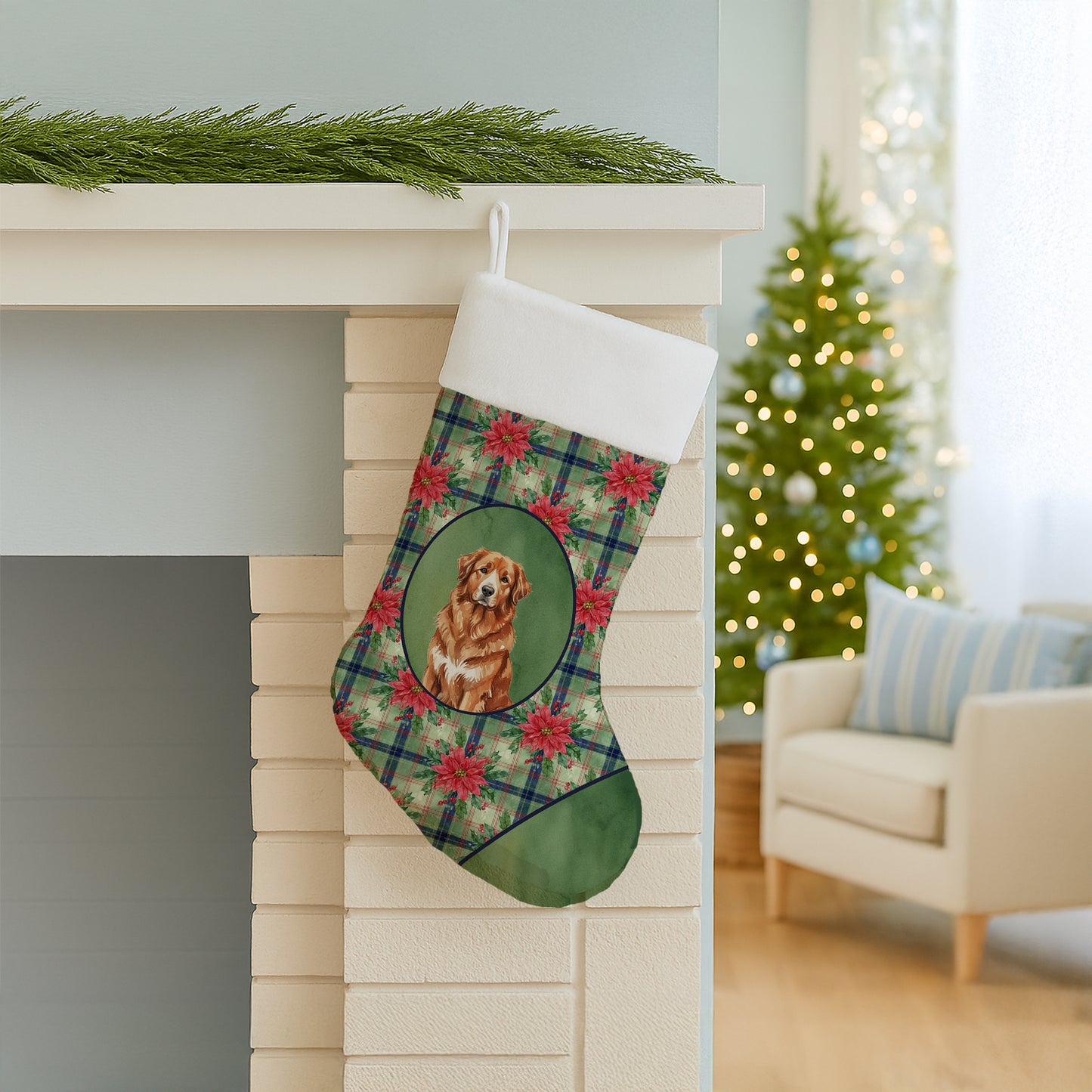 Reddish Brown Great Pyrenees Christmas PoinsettIas Holiday Stocking