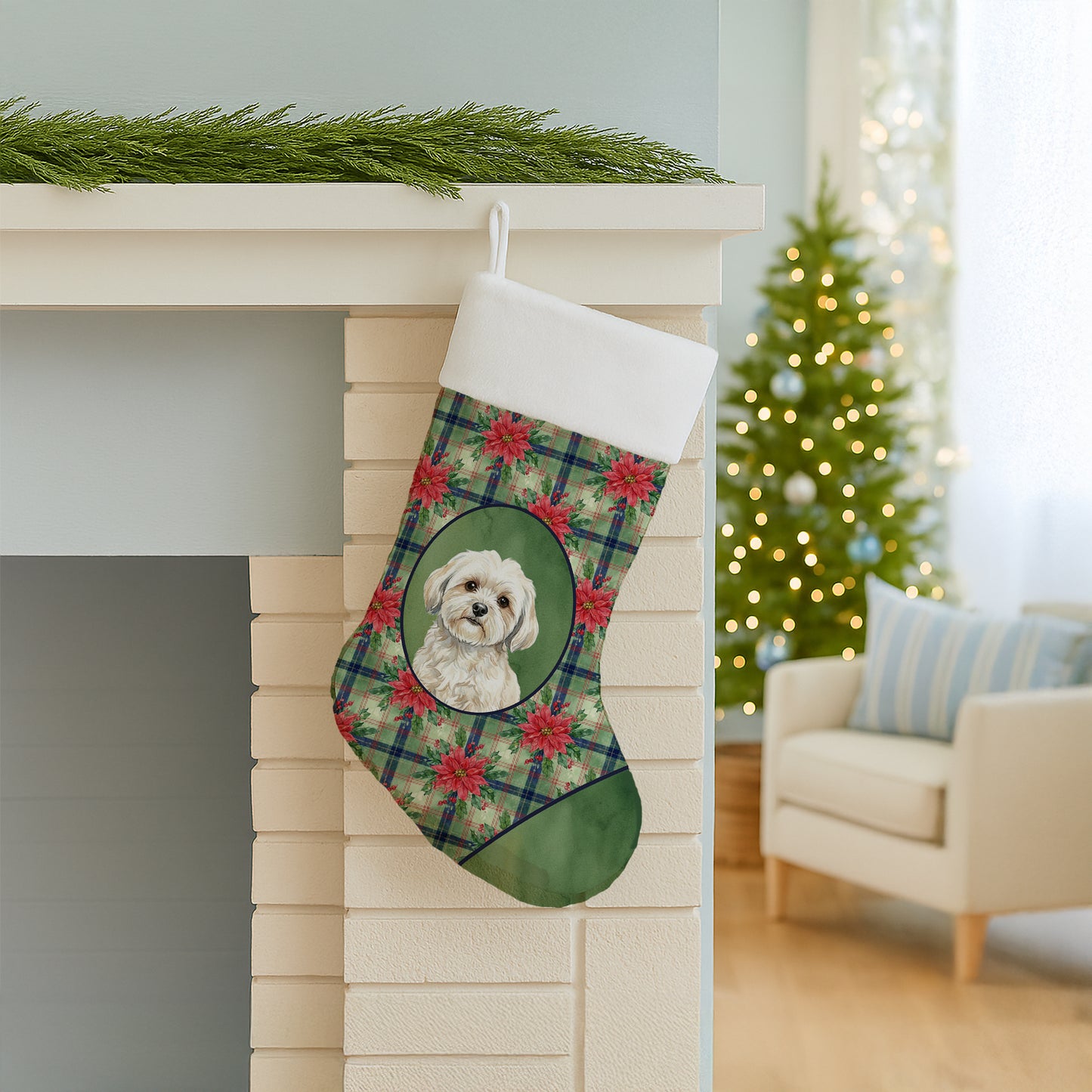 White Lhasa Apso Christmas PoinsettIas Holiday Stocking