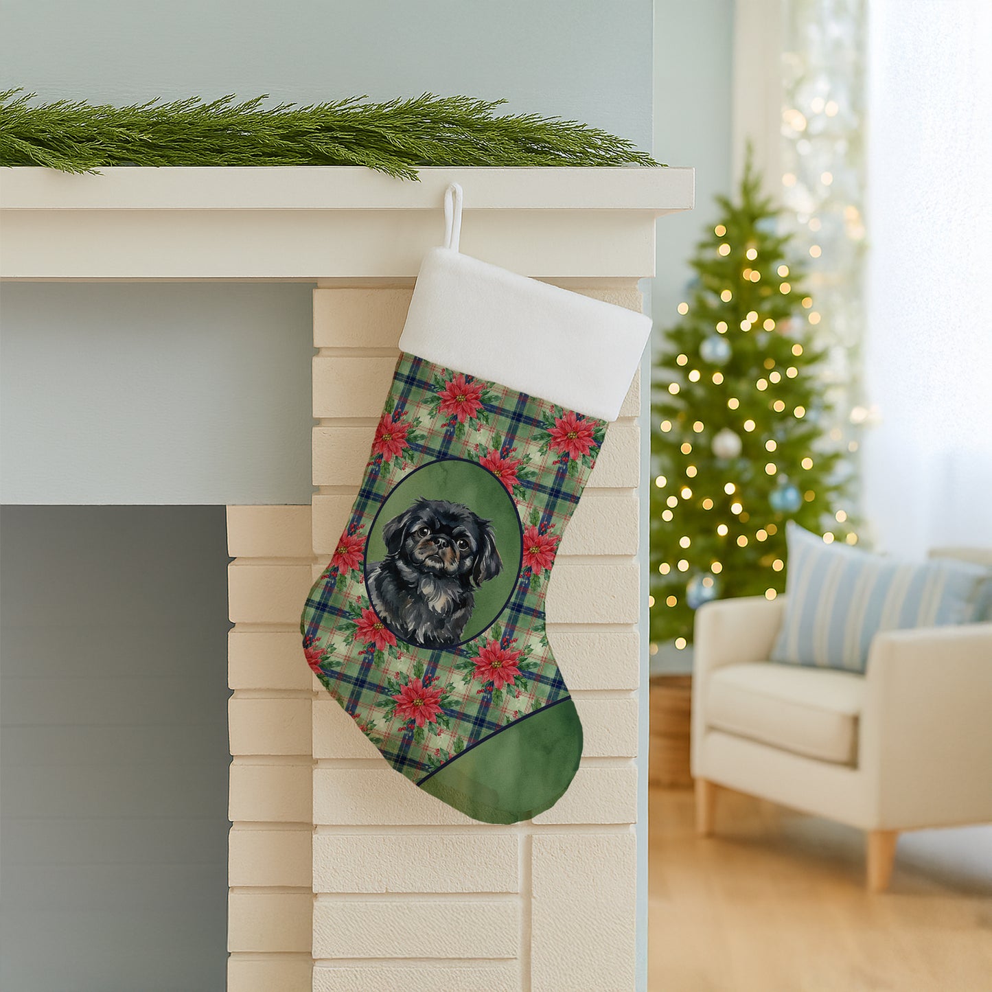 Black Pekingese Christmas PoinsettIas Holiday Stocking