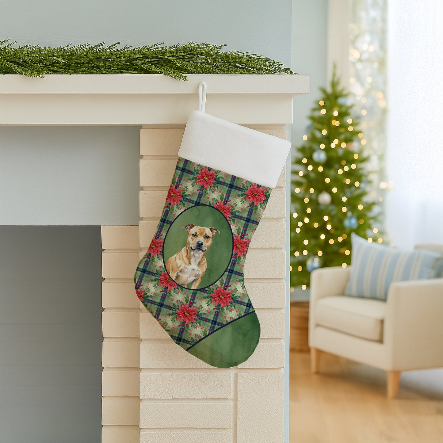 Fawn Staffordshire Bull Terrier Christmas PoinsettIas Holiday Stocking