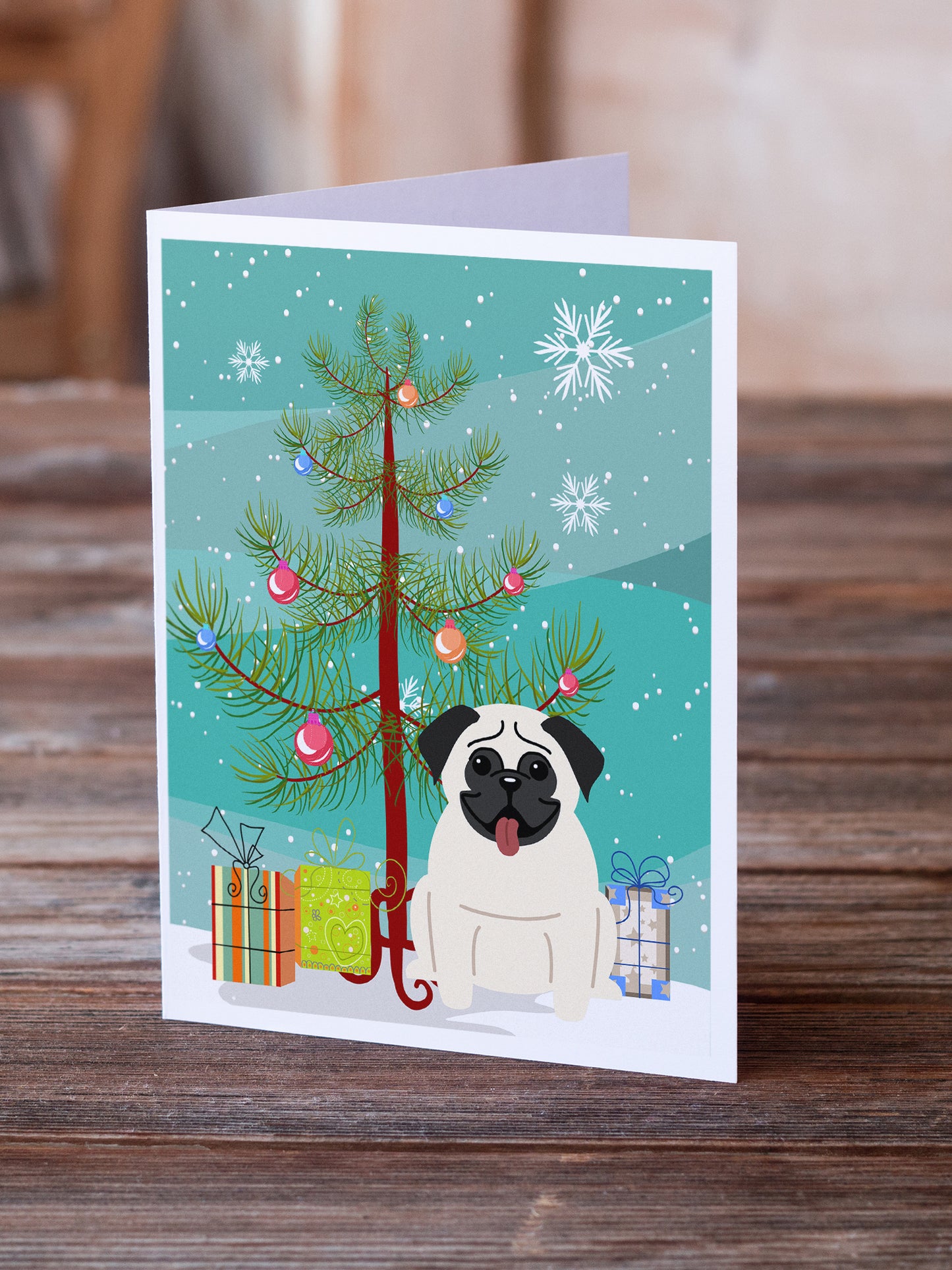 Merry Christmas Tree Pug Cream Greeting Cards Pack of 8