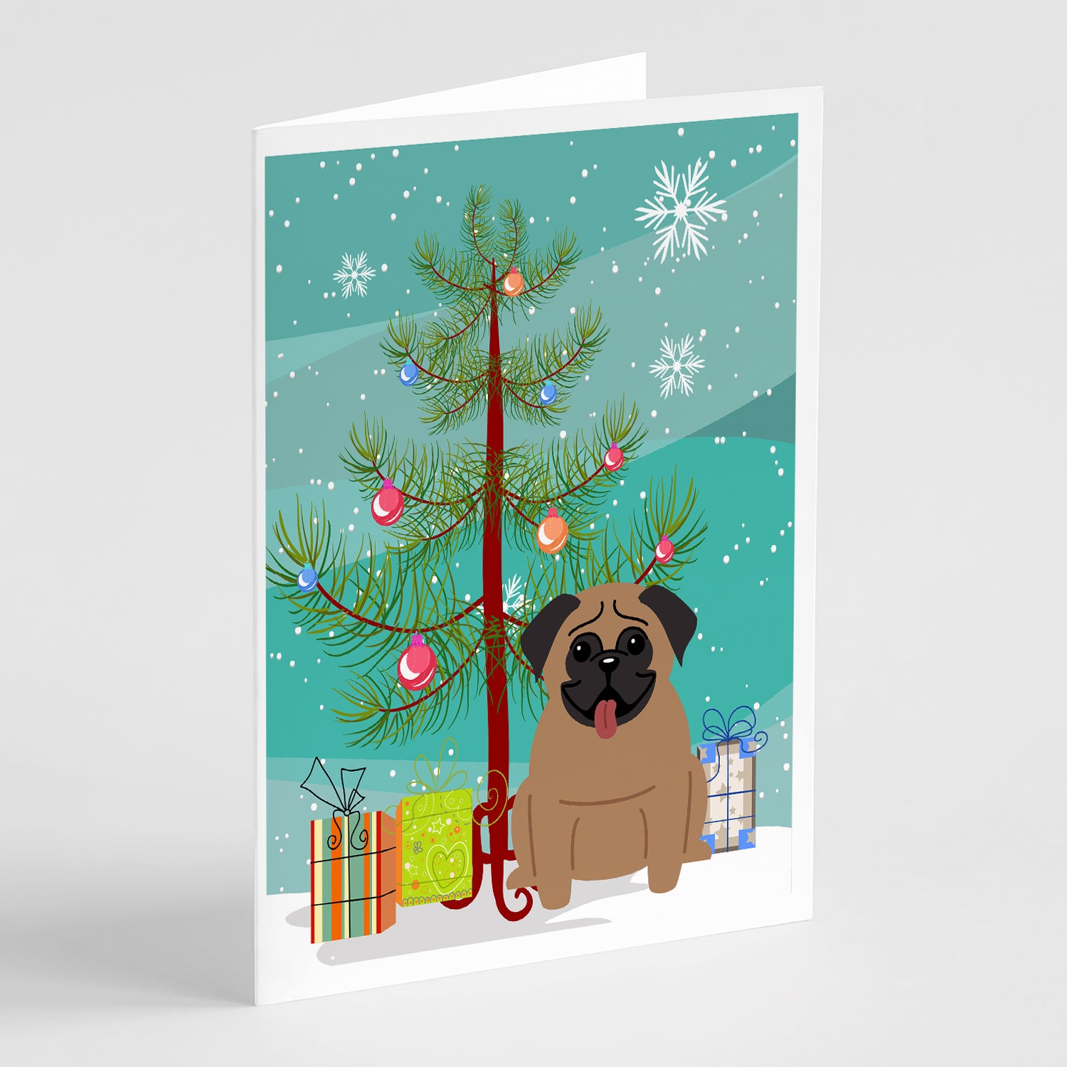 Buy this Merry Christmas Tree Pug Brown Greeting Cards Pack of 8