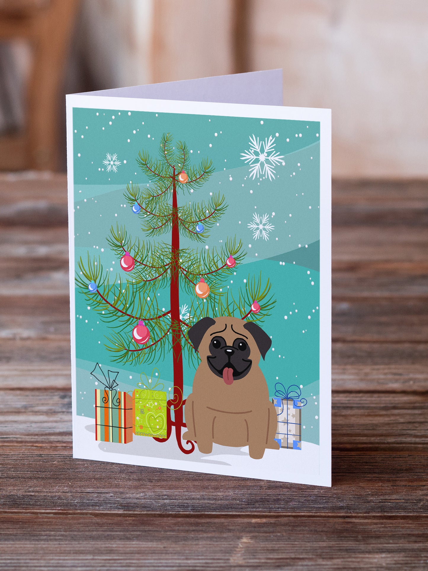 Merry Christmas Tree Pug Brown Greeting Cards Pack of 8