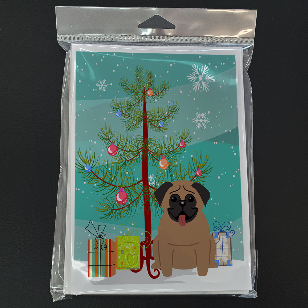 Merry Christmas Tree Pug Brown Greeting Cards Pack of 8