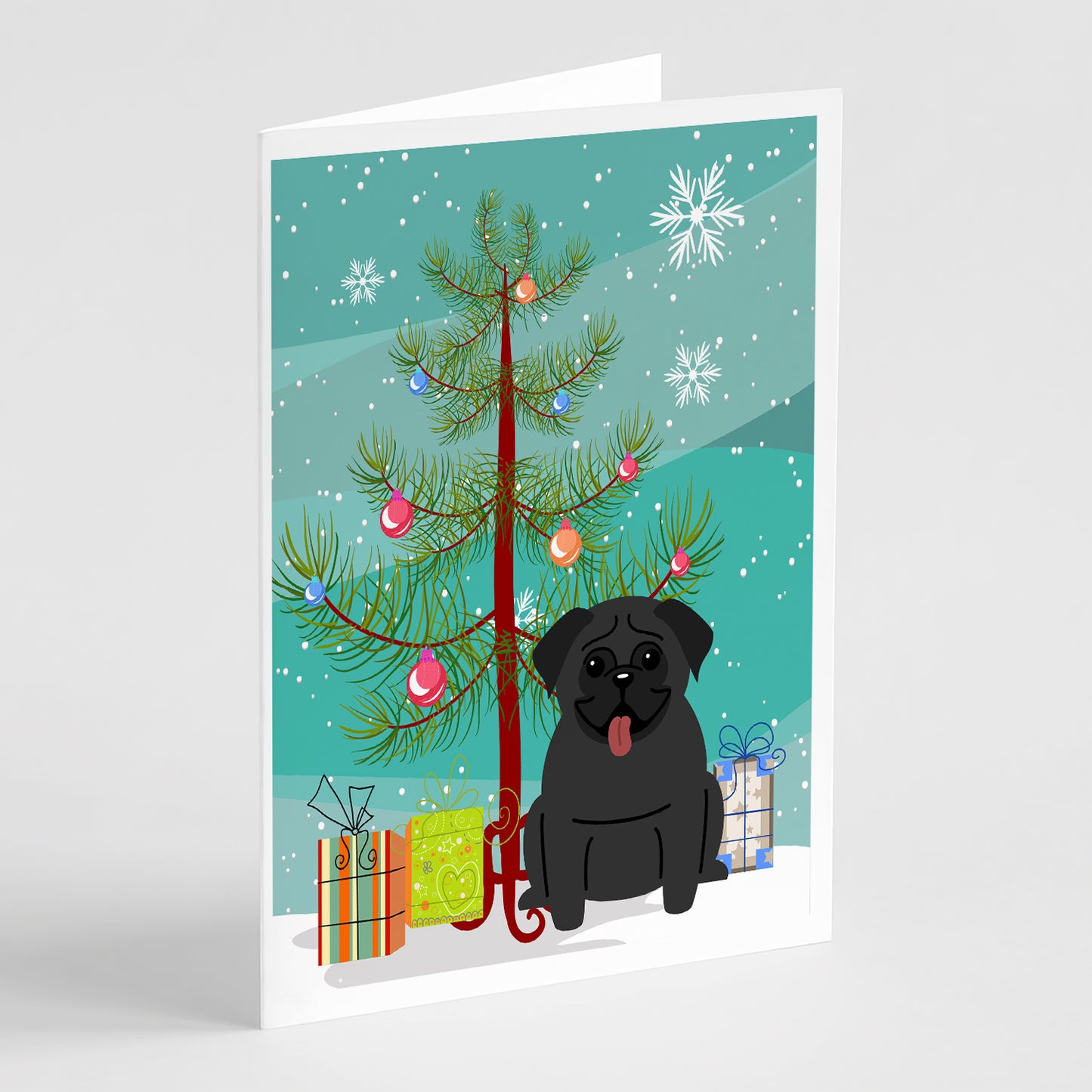 Buy this Merry Christmas Tree Pug Black Greeting Cards Pack of 8
