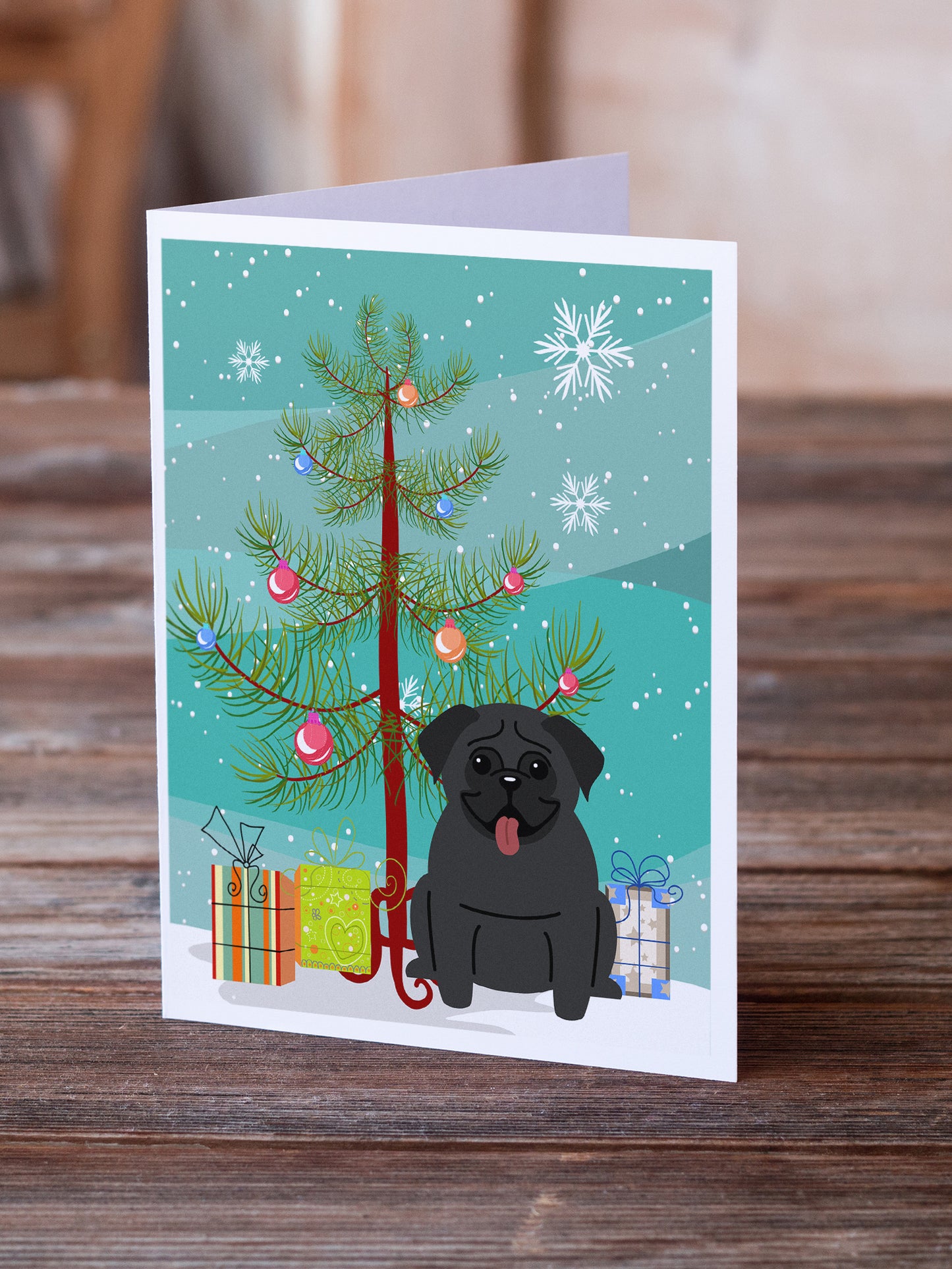 Merry Christmas Tree Pug Black Greeting Cards Pack of 8