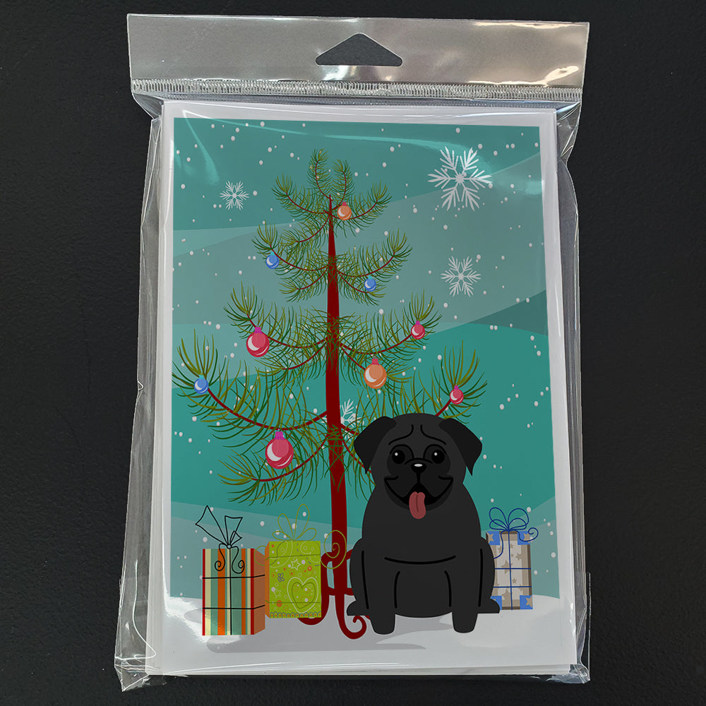 Merry Christmas Tree Pug Black Greeting Cards Pack of 8