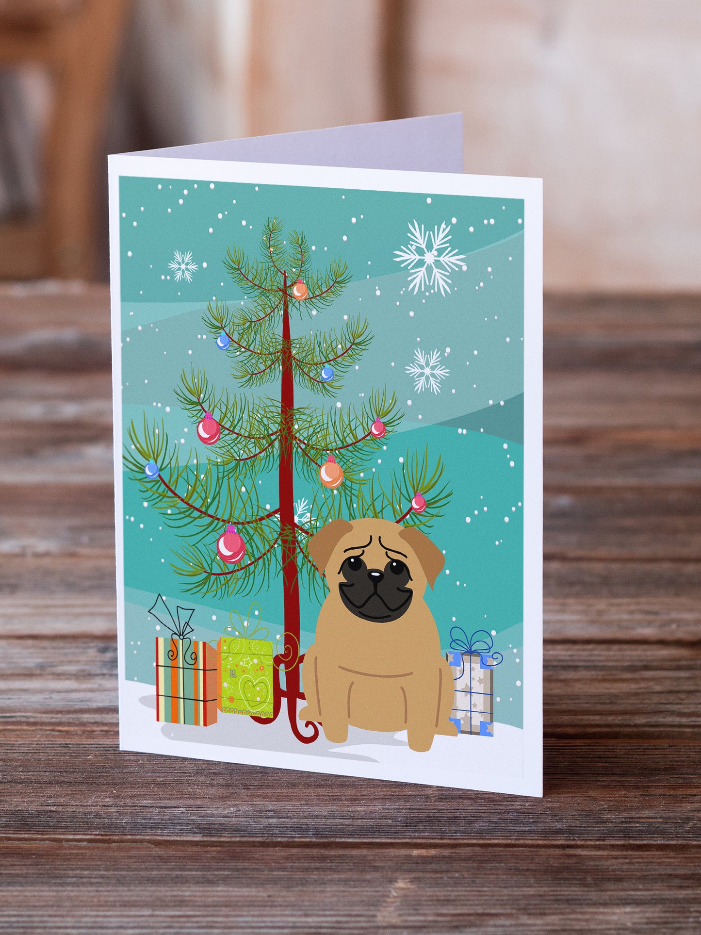 Merry Christmas Tree Pug Brown Greeting Cards Pack of 8