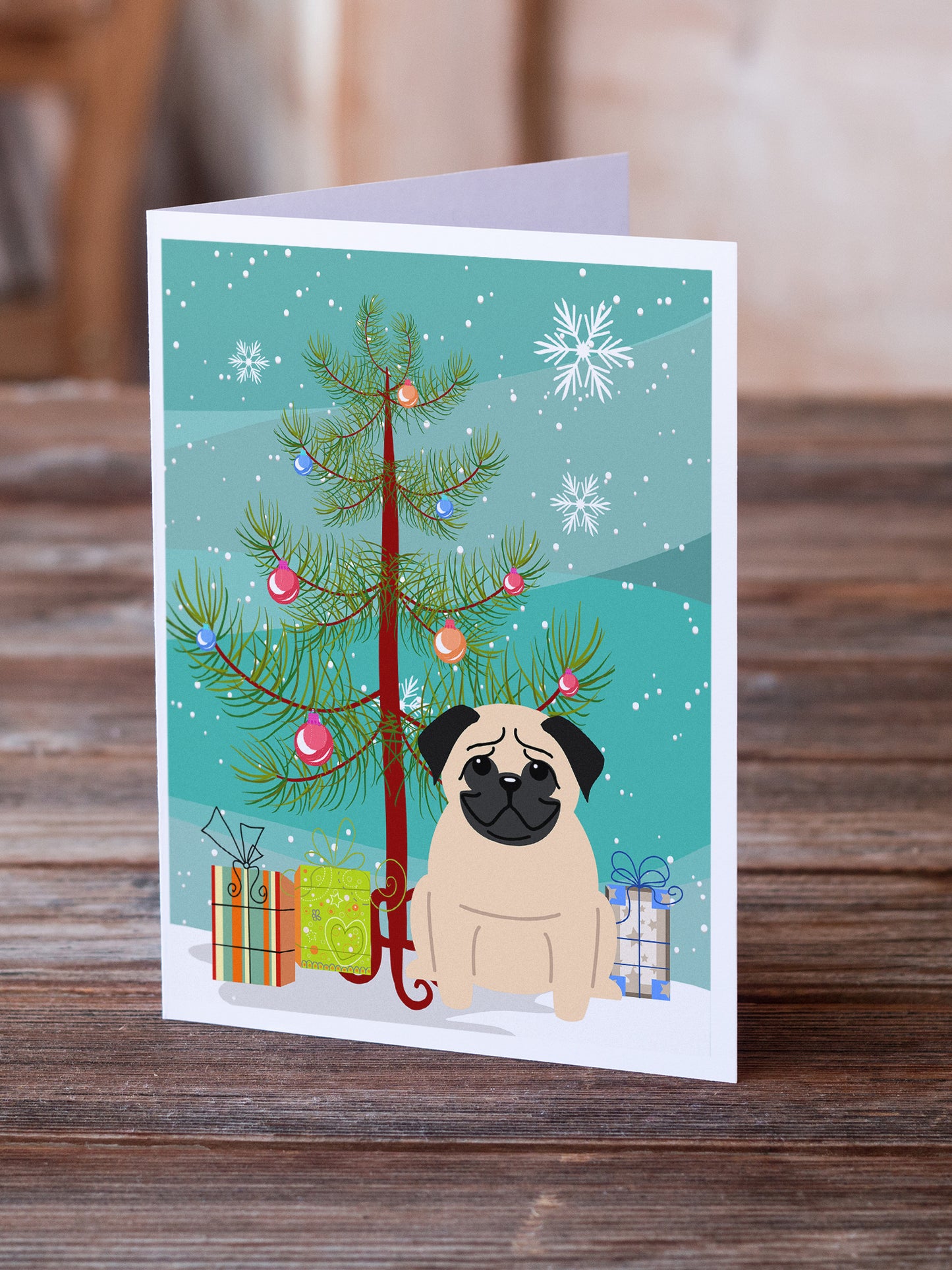 Merry Christmas Tree Pug Fawn Greeting Cards Pack of 8