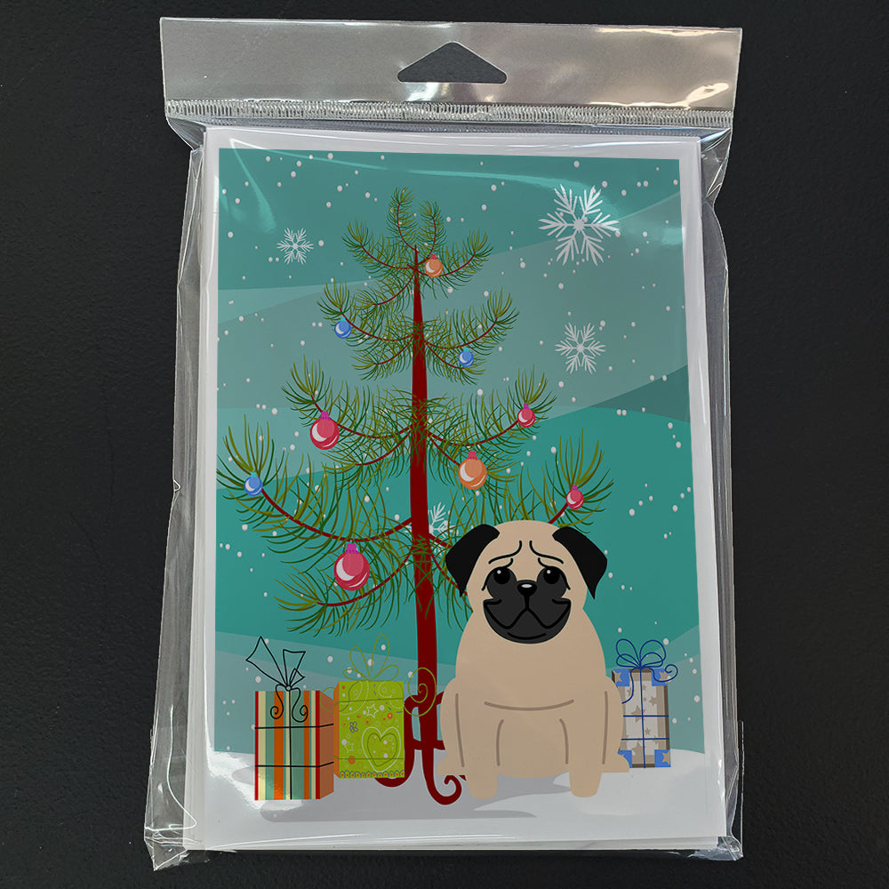 Merry Christmas Tree Pug Fawn Greeting Cards Pack of 8