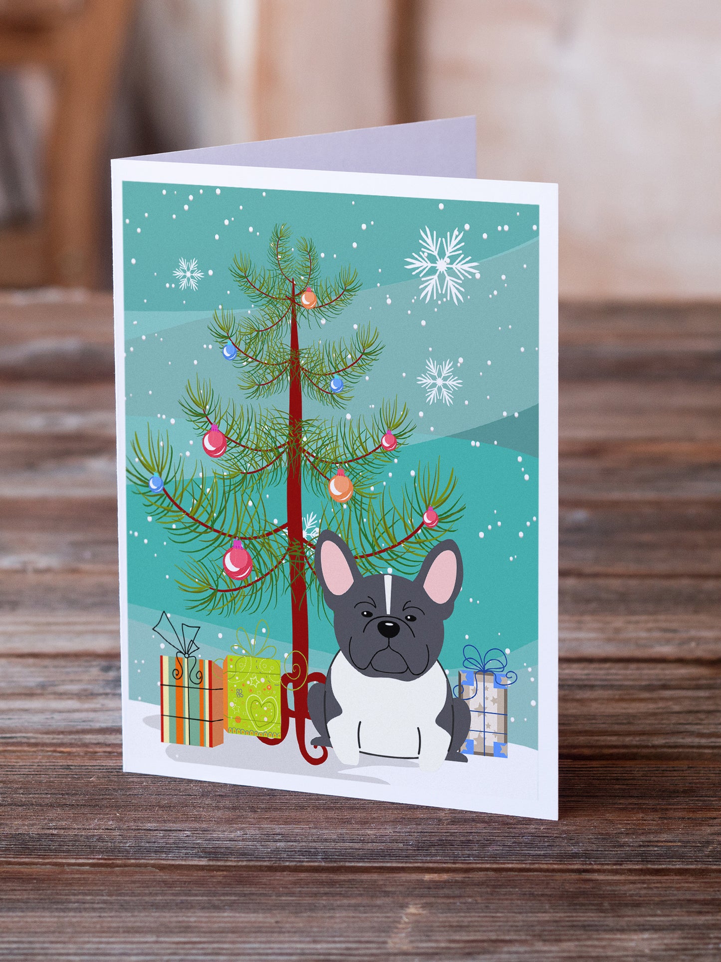 Merry Christmas Tree French Bulldog Black White Greeting Cards Pack of 8