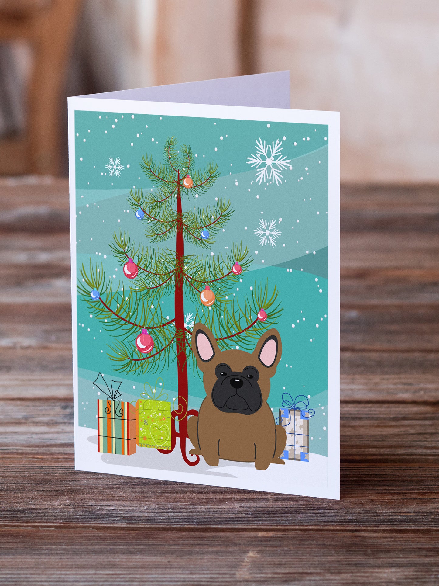Merry Christmas Tree French Bulldog Brown Greeting Cards Pack of 8