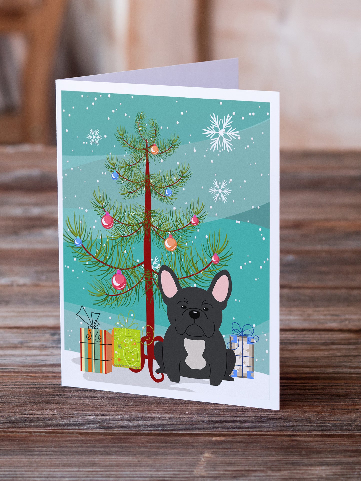 Merry Christmas Tree French Bulldog Black Greeting Cards Pack of 8