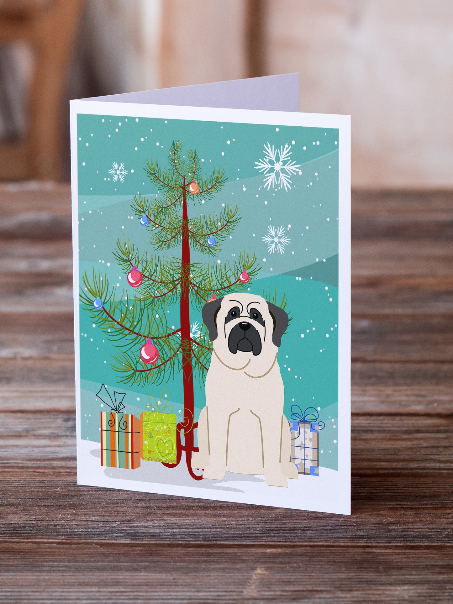 Merry Christmas Tree Mastiff White Greeting Cards Pack of 8