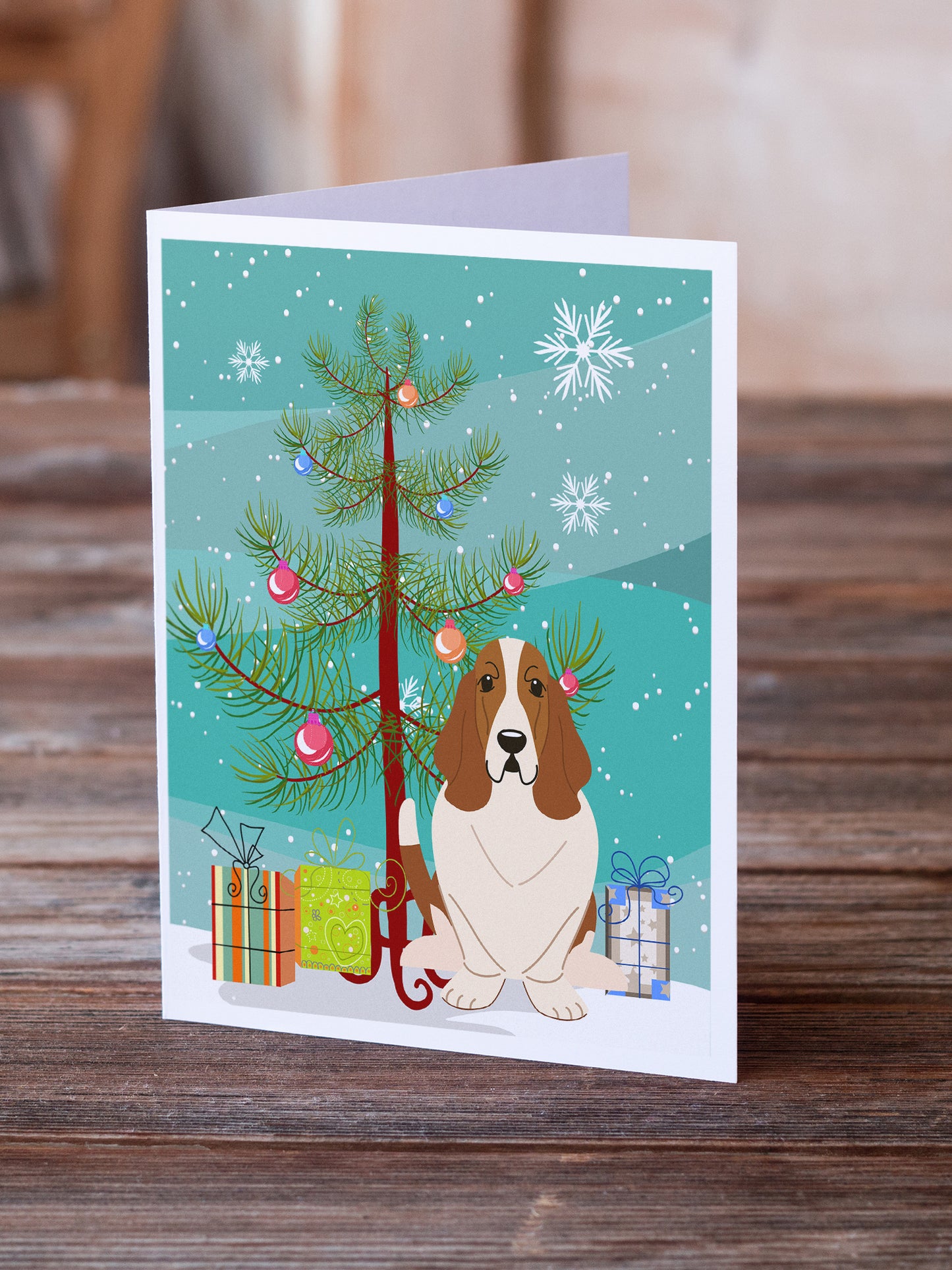 Merry Christmas Tree Basset Hound Greeting Cards Pack of 8