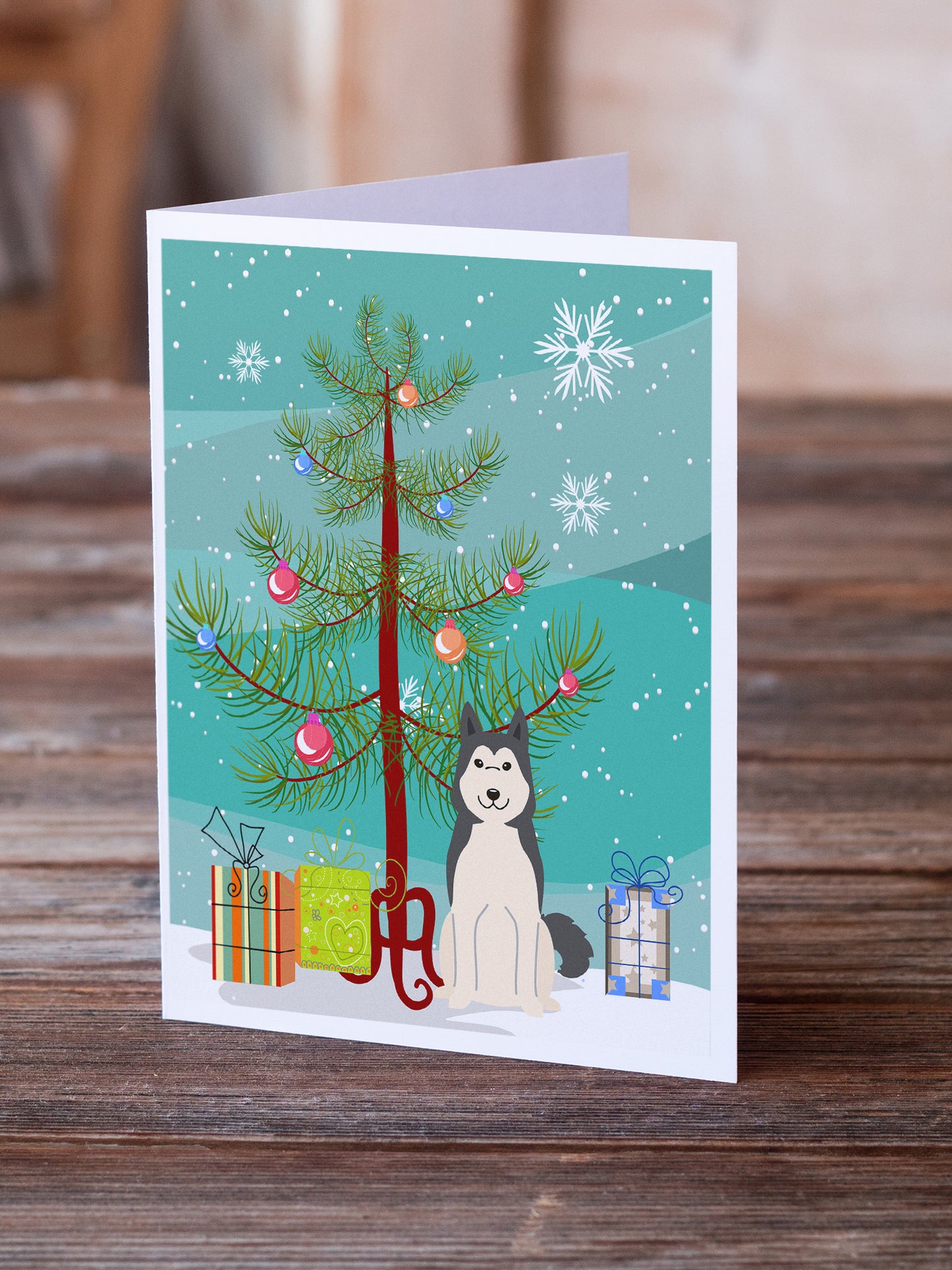 Merry Christmas Tree West Siberian Laika Spitz Greeting Cards Pack of 8