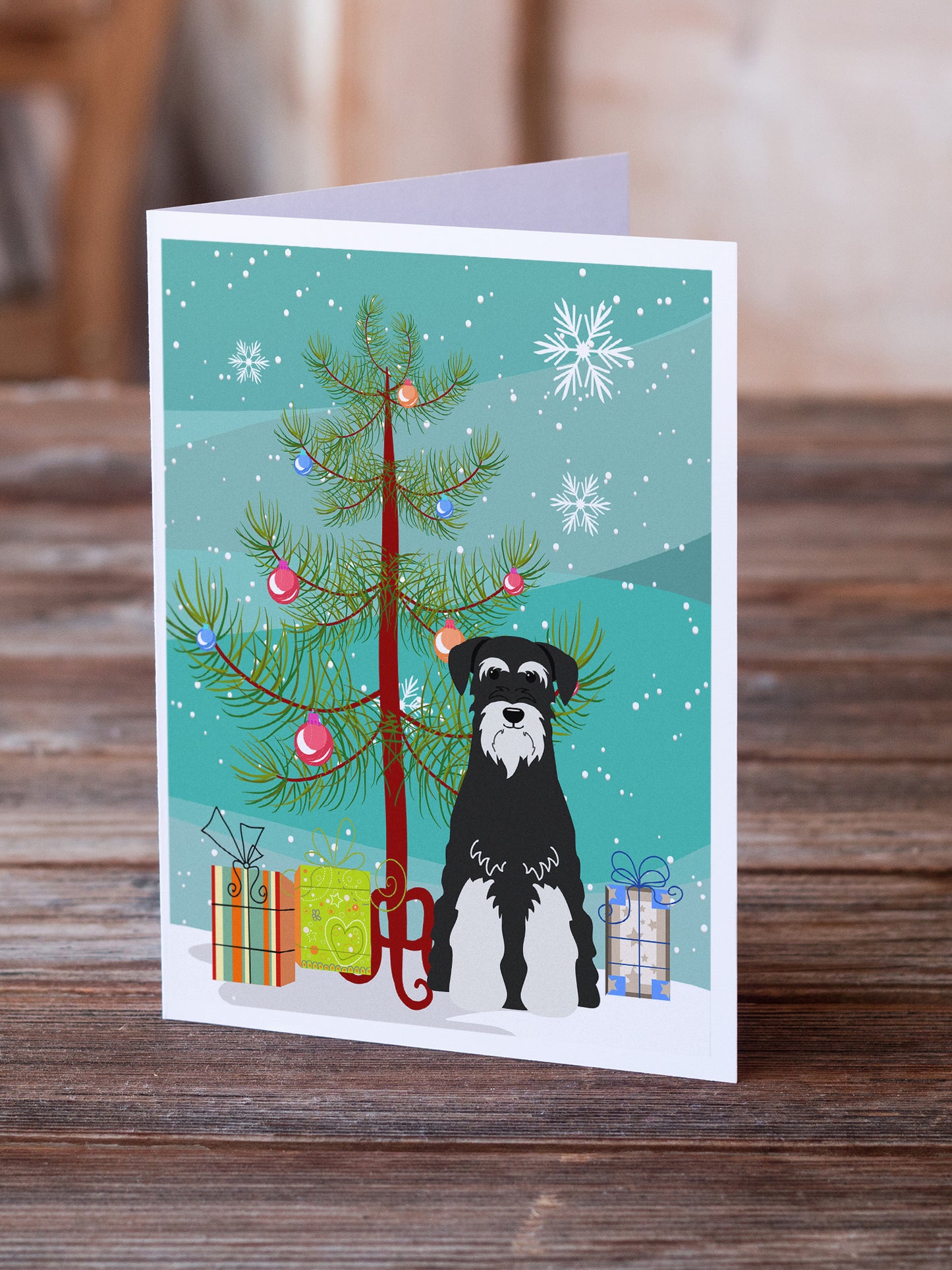 Merry Christmas Tree Standard Schnauzer Salt and Pepper Greeting Cards Pack of 8