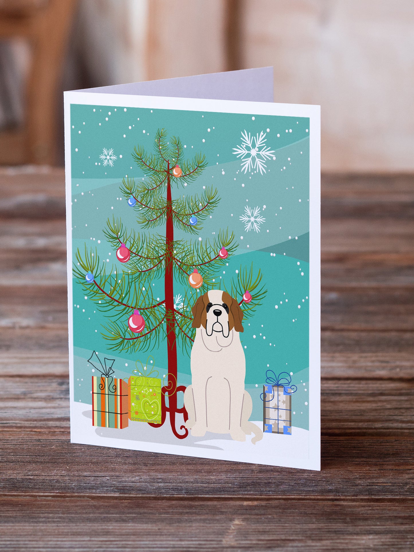 Merry Christmas Tree Saint Bernard Greeting Cards Pack of 8