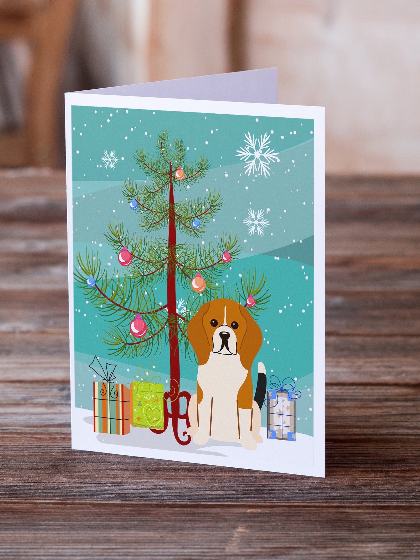 Merry Christmas Tree Beagle Tricolor Greeting Cards Pack of 8