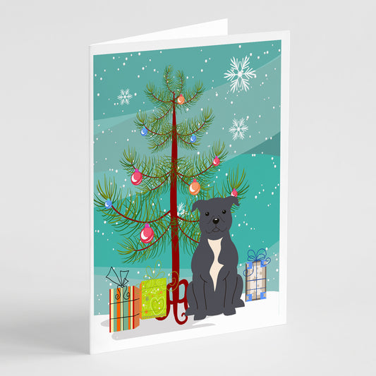 Buy this Merry Christmas Tree Staffordshire Bull Terrier Blue Greeting Cards Pack of 8