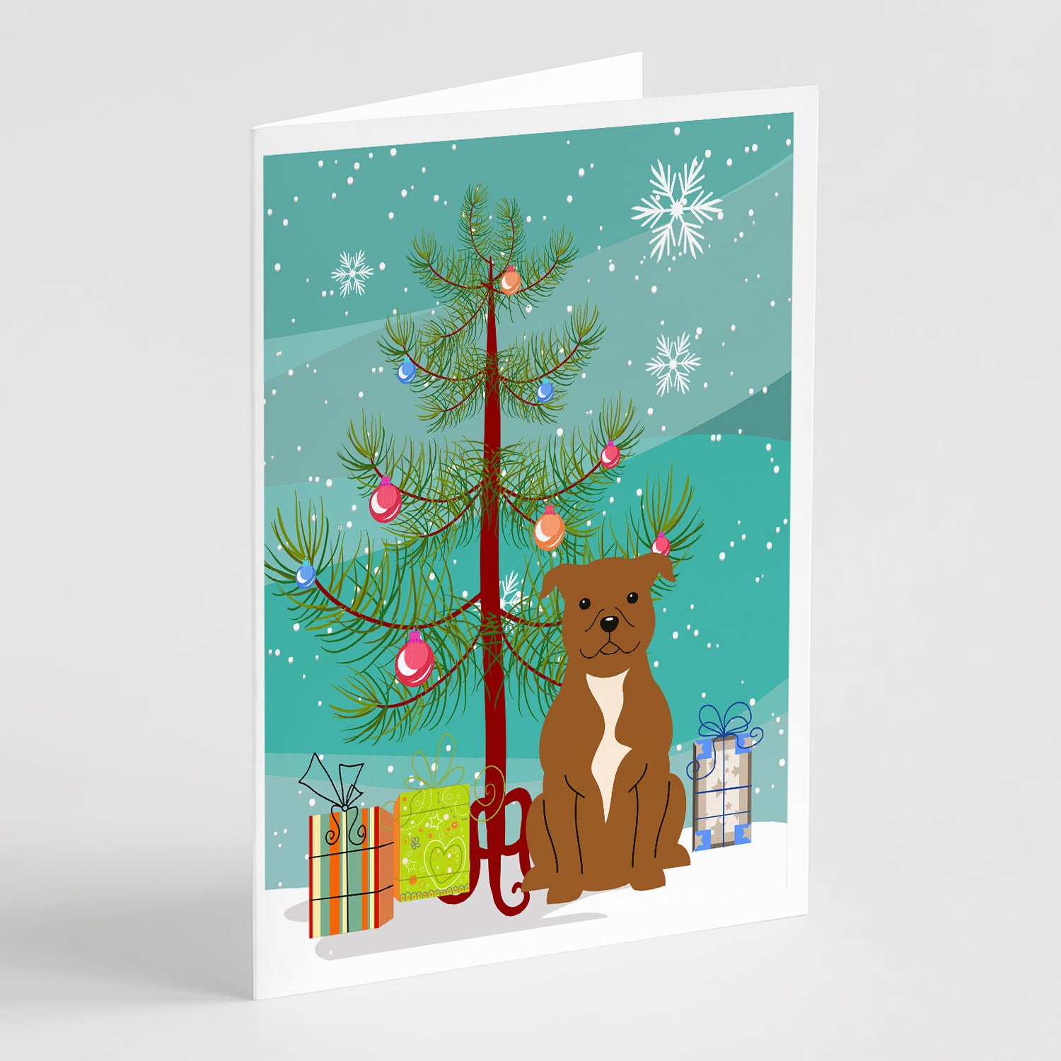 Buy this Merry Christmas Tree Staffordshire Bull Terrier Brown Greeting Cards Pack of 8
