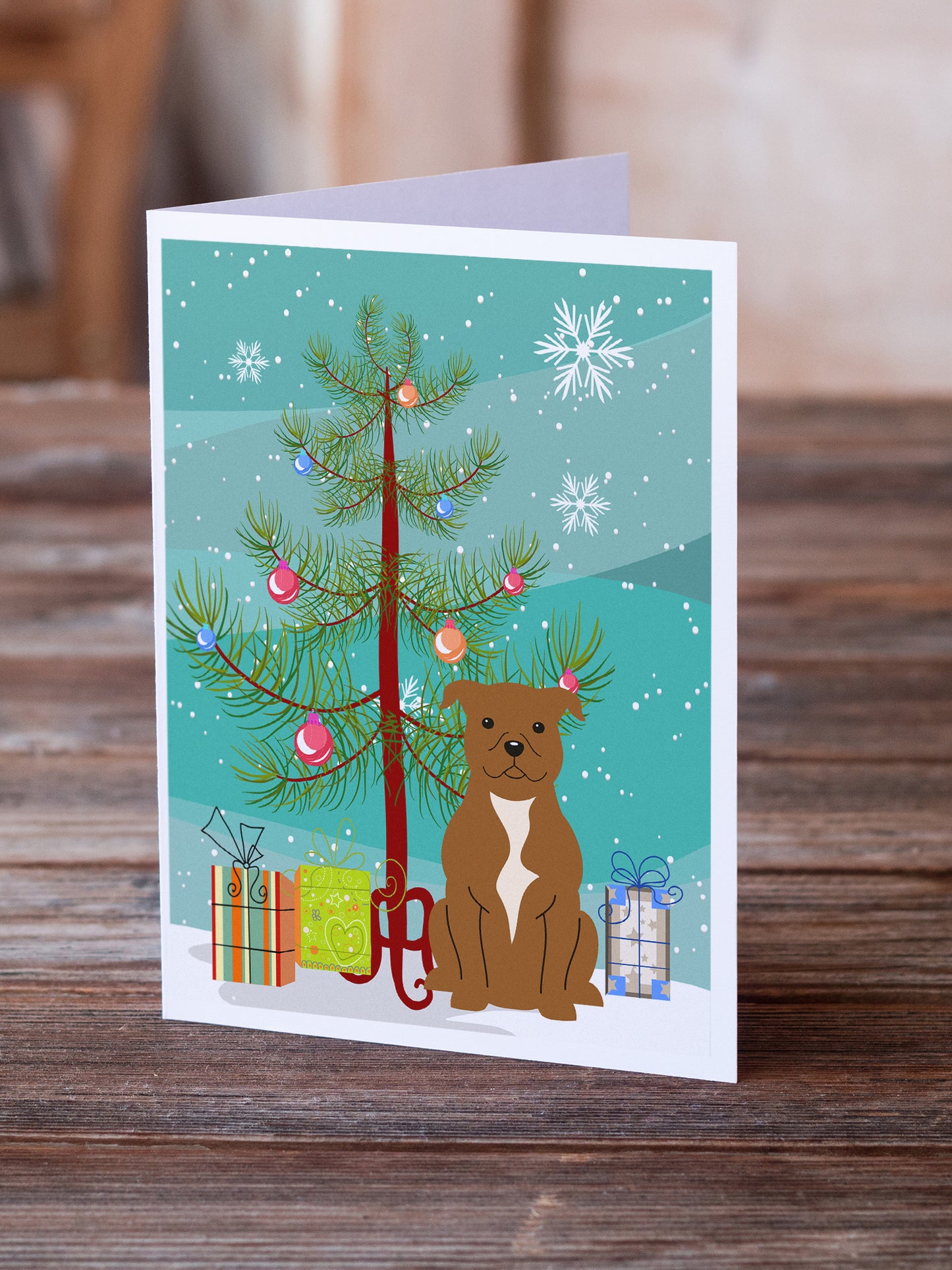 Merry Christmas Tree Staffordshire Bull Terrier Brown Greeting Cards Pack of 8