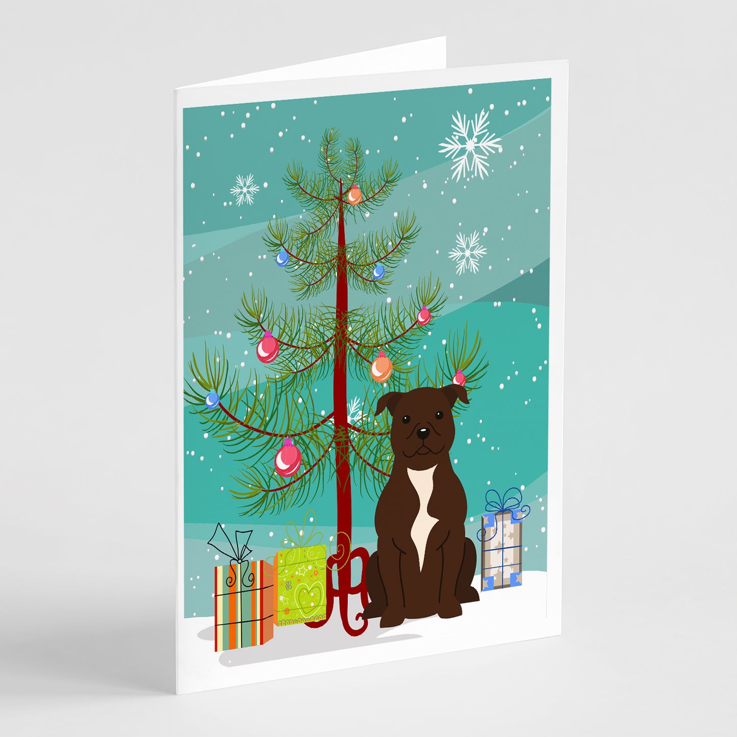 Buy this Merry Christmas Tree Staffordshire Bull Terrier Chocolate Greeting Cards Pack of 8