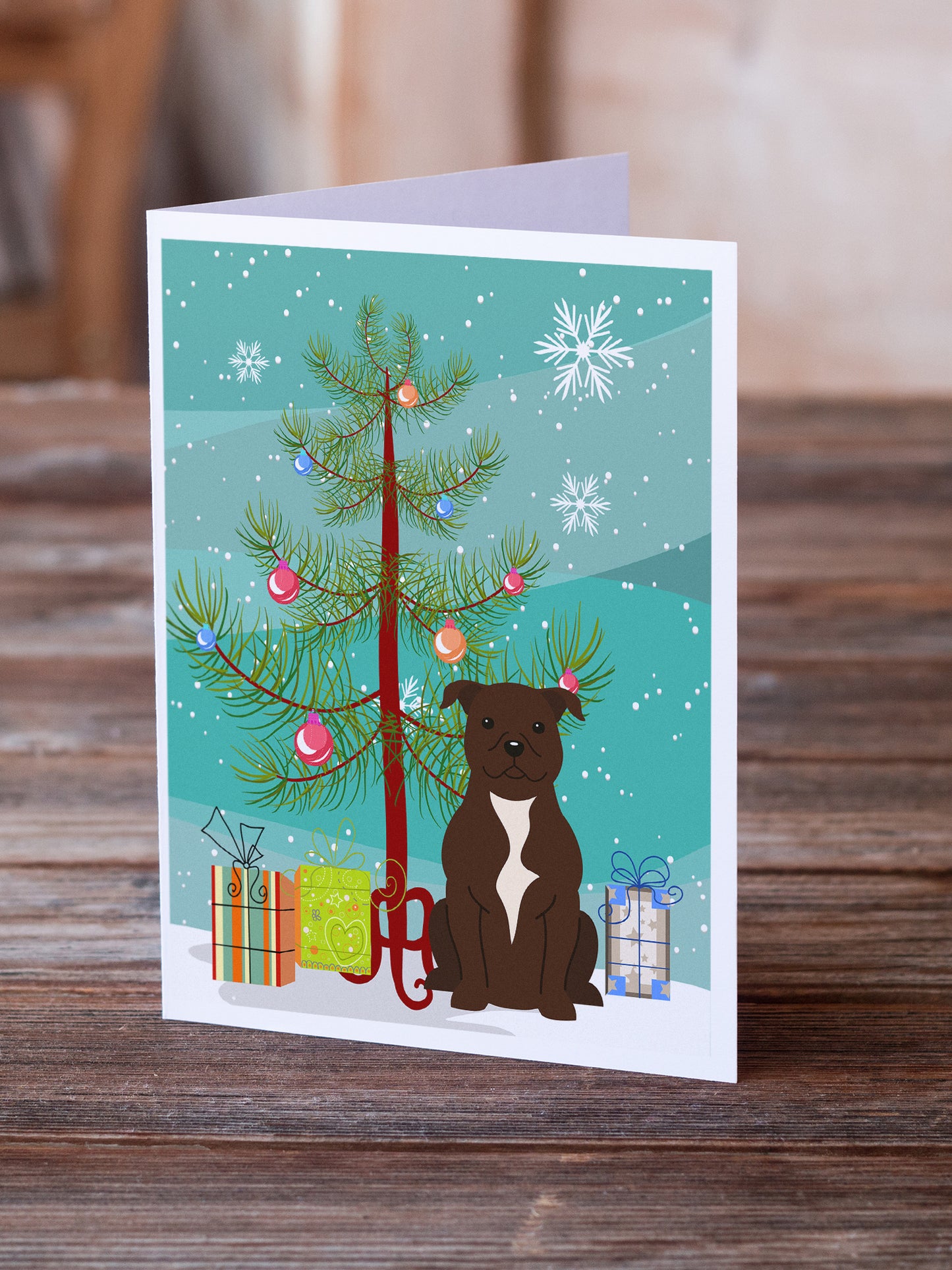 Merry Christmas Tree Staffordshire Bull Terrier Chocolate Greeting Cards Pack of 8