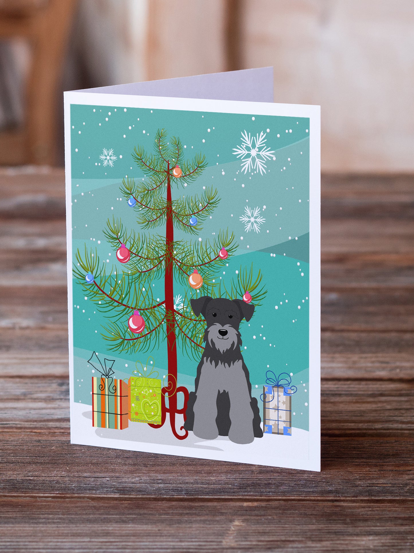 Merry Christmas Tree Miniature Schnauzer Black Silver Greeting Cards Pack of 8