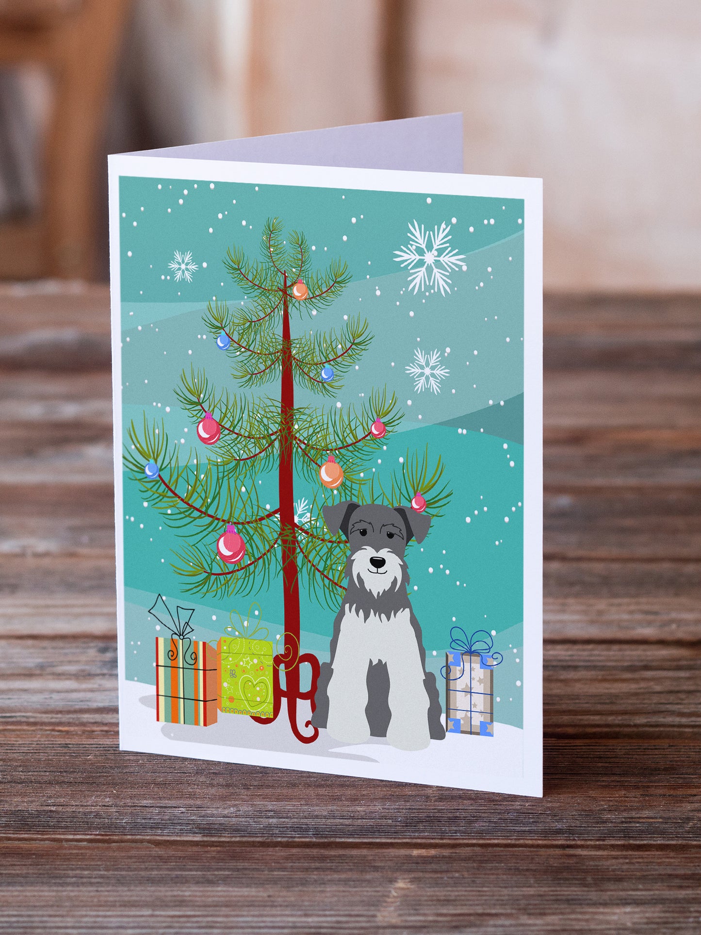 Merry Christmas Tree Miniature Schnauzer Salt and Pepper Greeting Cards Pack of 8