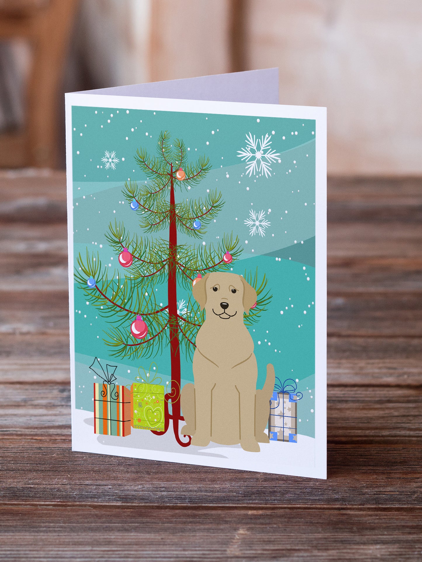 Merry Christmas Tree Yellow Labrador Greeting Cards Pack of 8
