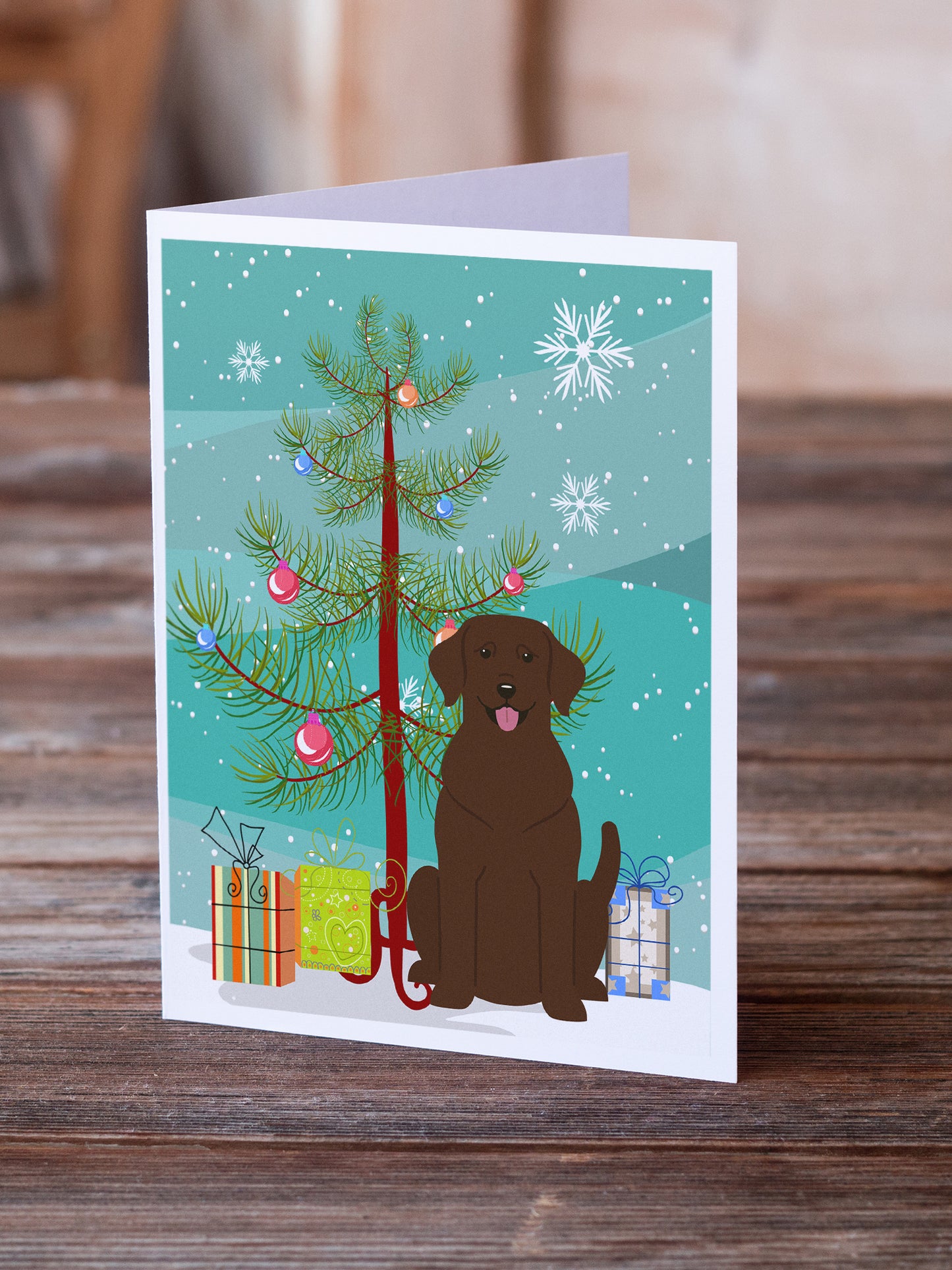 Merry Christmas Tree Chocolate Labrador Greeting Cards Pack of 8