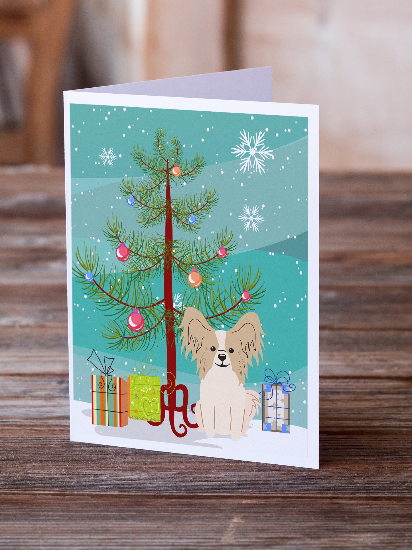 Merry Christmas Tree Papillon Sable White Greeting Cards Pack of 8