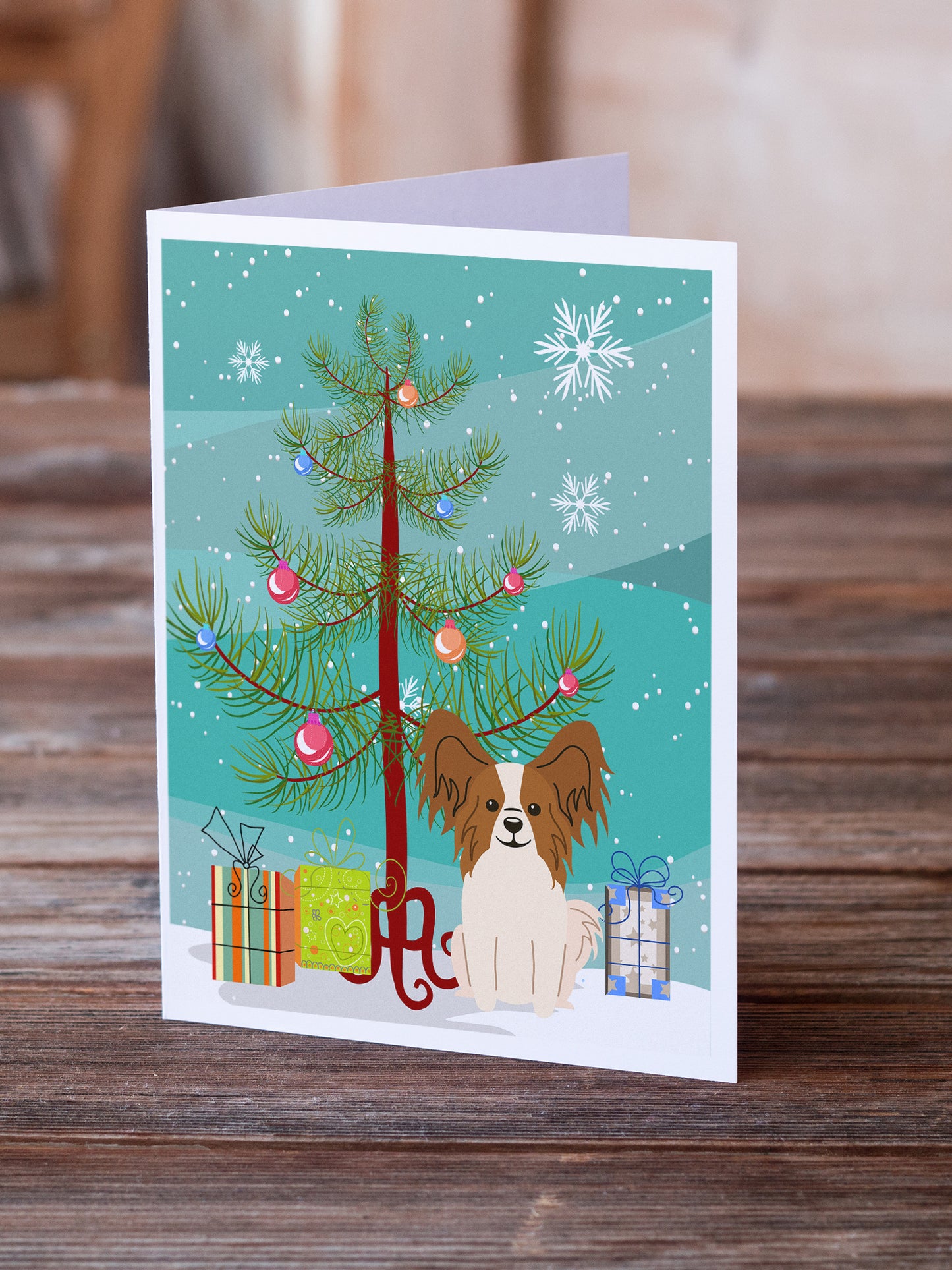 Merry Christmas Tree Papillon Red White Greeting Cards Pack of 8
